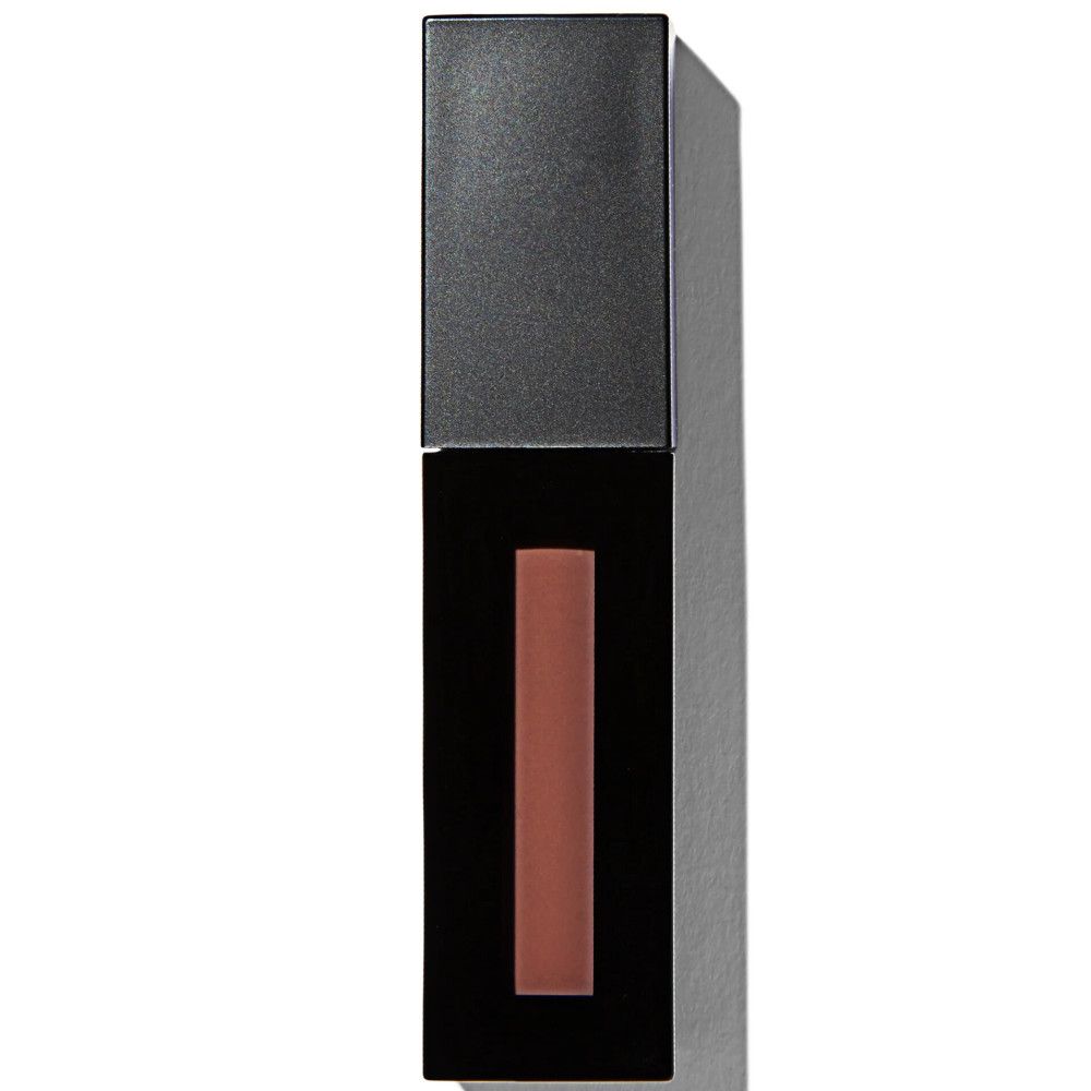 Flacon de gloss noir fermé avec bande marron.
