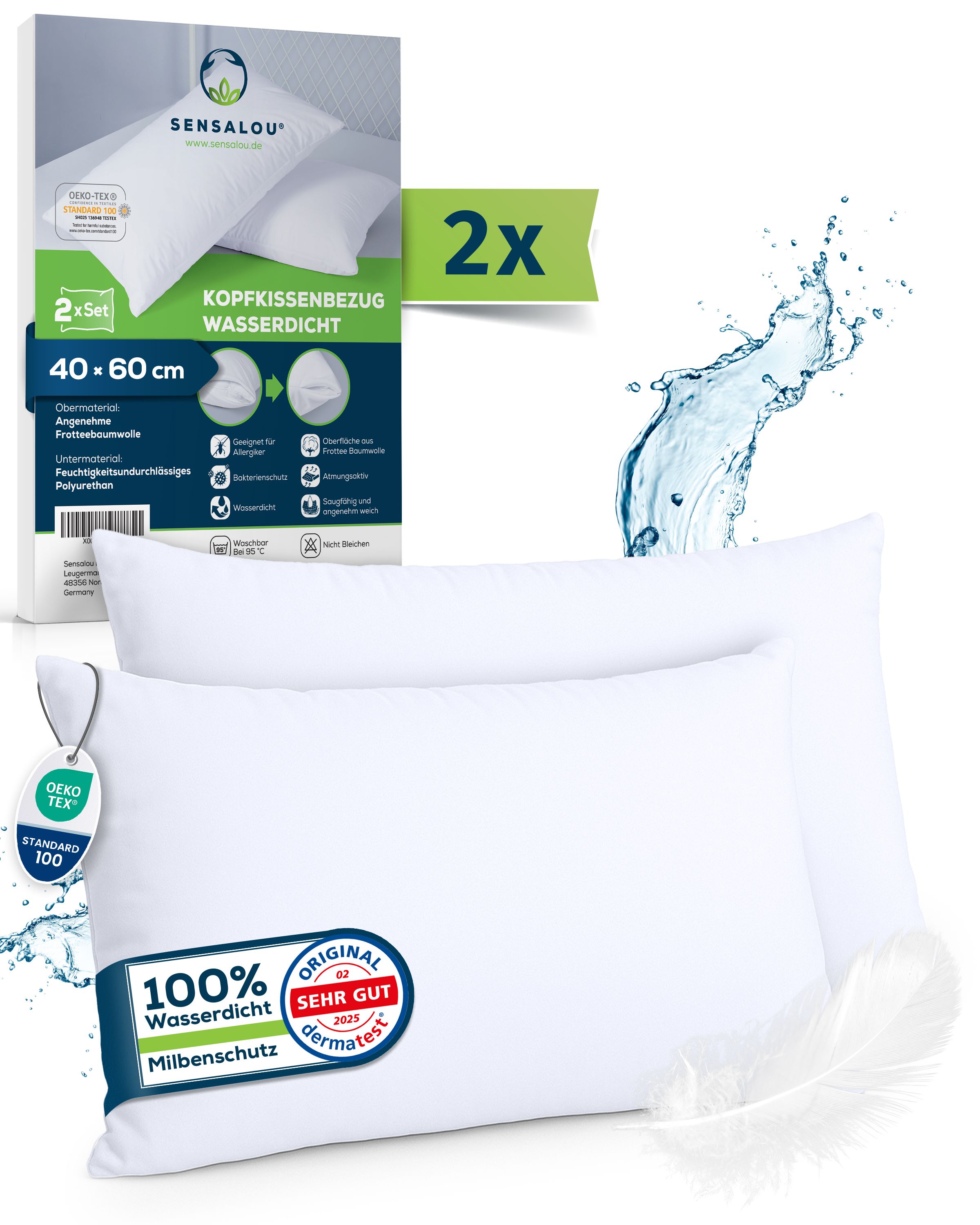 Lot de 2 taies d'oreiller blanches, 40x60 cm. Imperméable. Emballage avec nom du produit et certifications.