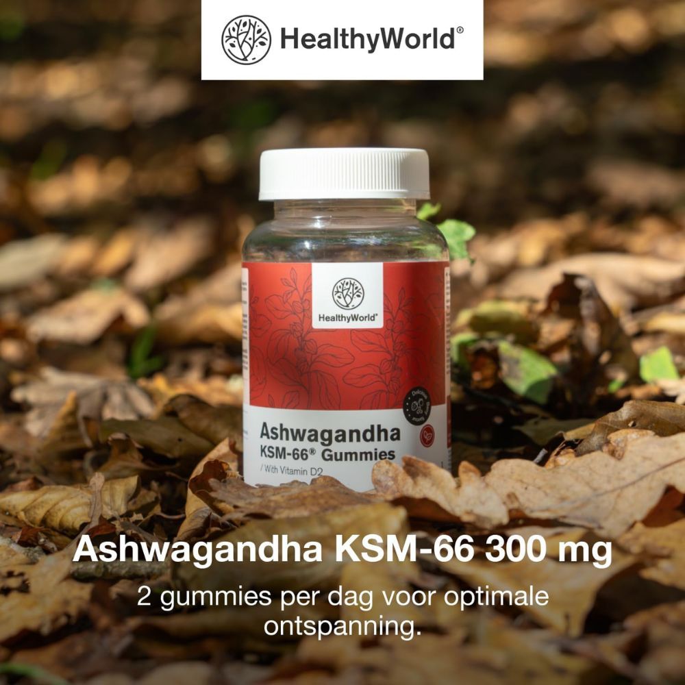 Ashwagandha KSM-66 Gummies, 60 stuks. Rode gummies in een fles. Merk: HealthyWorld.