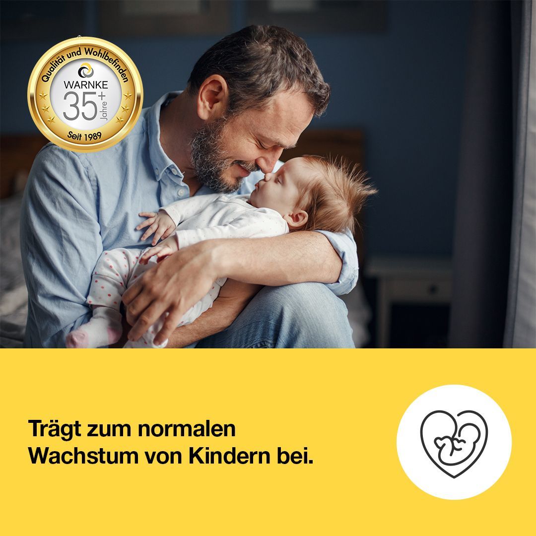 Vader houdt baby in zijn armen. Gele cirkel met tekst: Draagt bij aan de normale groei van kinderen. Symbool: embryo in hart.