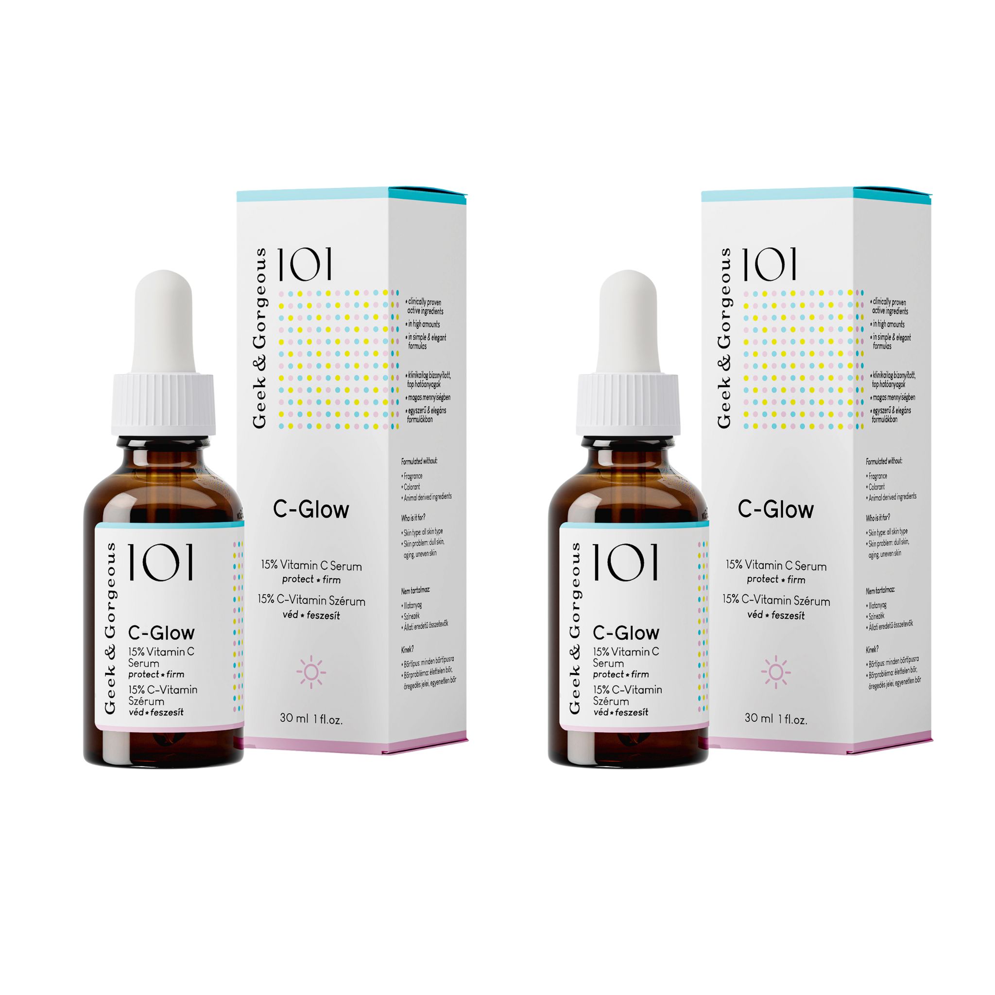 Twee flessen met verpakking. Labels tonen "C-Glow" en "15% Vitamin C Serum".