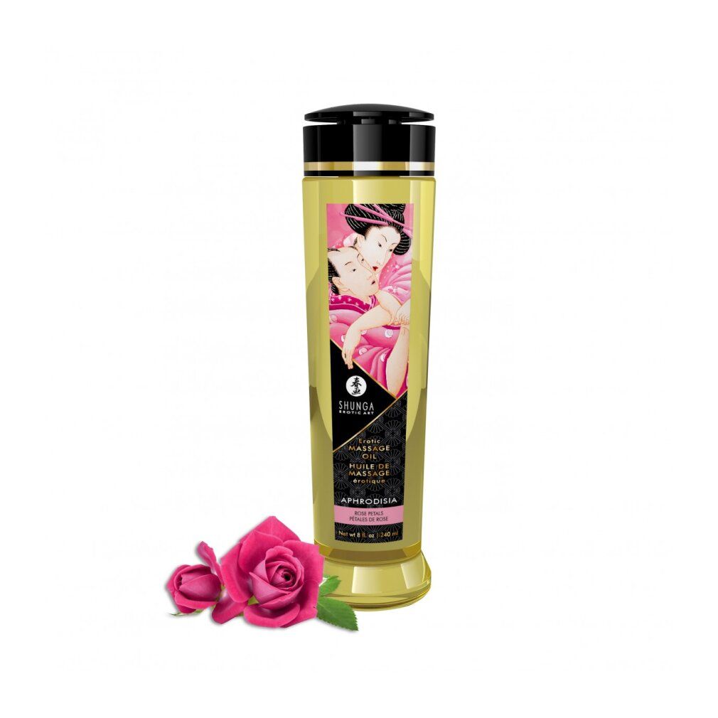 Shunga Massageolie Aphrodisia Rozen, gouden fles, met twee rozen ervoor.