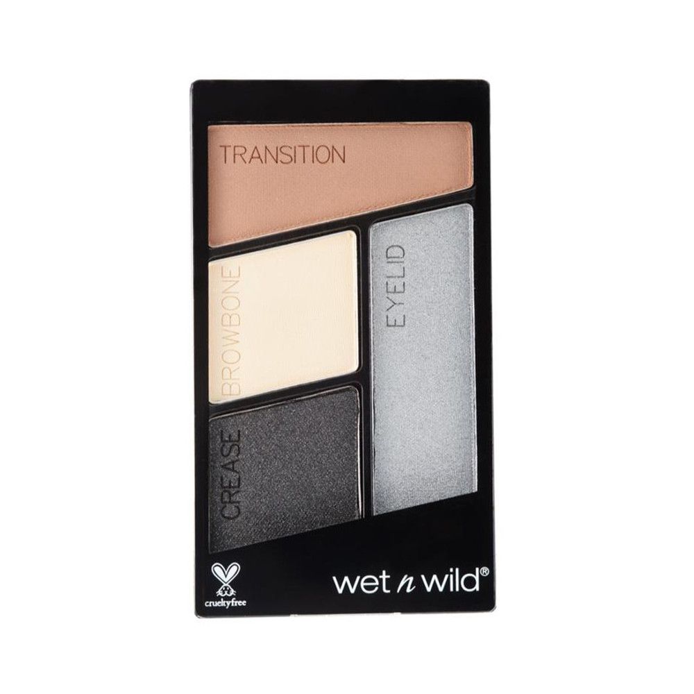 Wet n Wild oogschaduwpalet. Vier kleuren: beige, wit, grijs en zilver. Teksten: 'Transition', 'Browbone', 'Crease', 'Eyelid'.