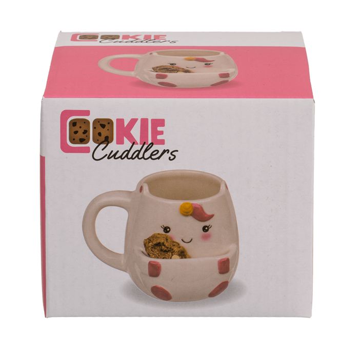 Verpakking van de eenhoornbeker met koekjesvak. 'COOKIE CUDDLERS' logo. Roze achtergrond. Illustratie van de beker.