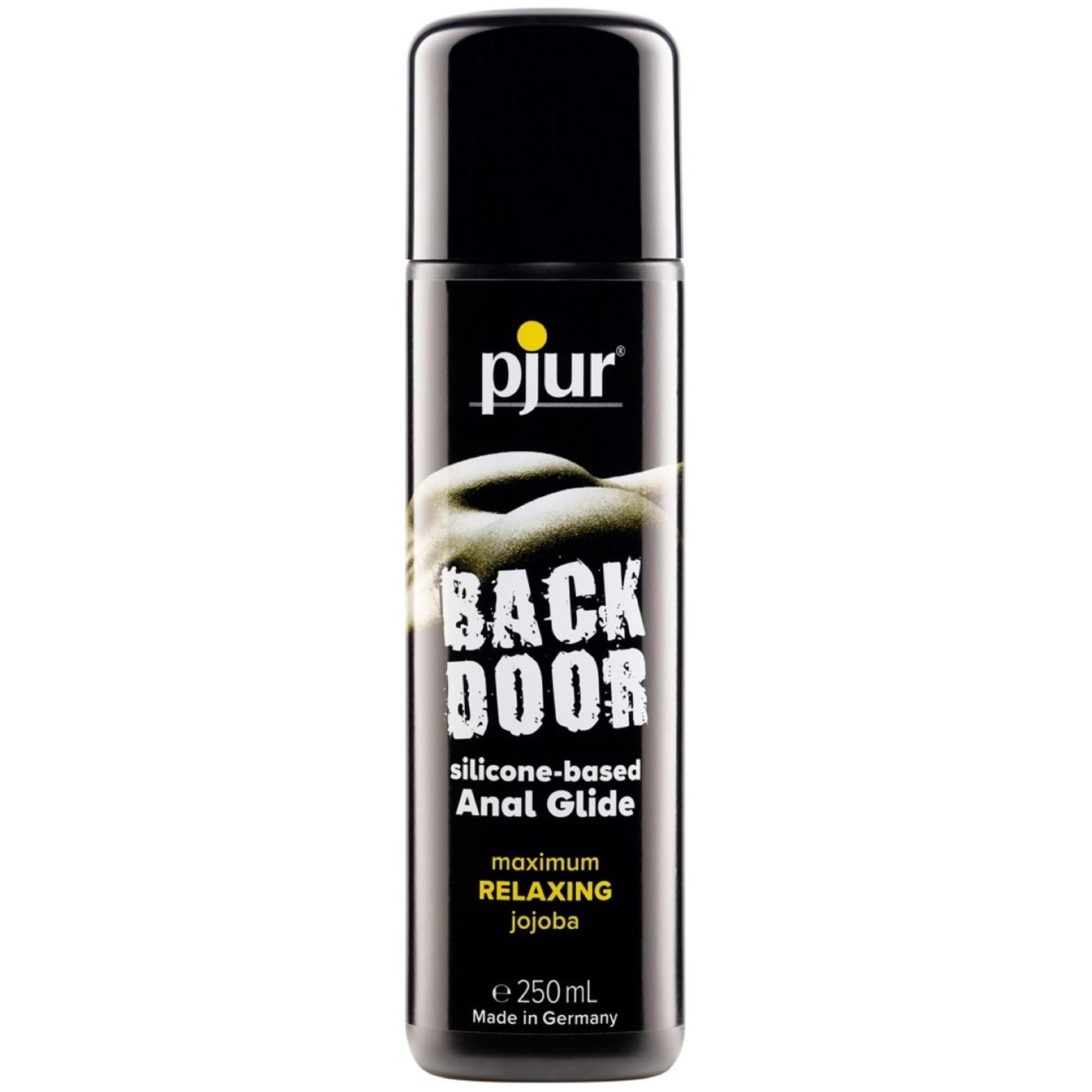 Flacon noir avec bouchon noir. Inscription "pjur BACK DOOR silicone-based Anal Glide". 250 ml. Fabriqué en Allemagne.