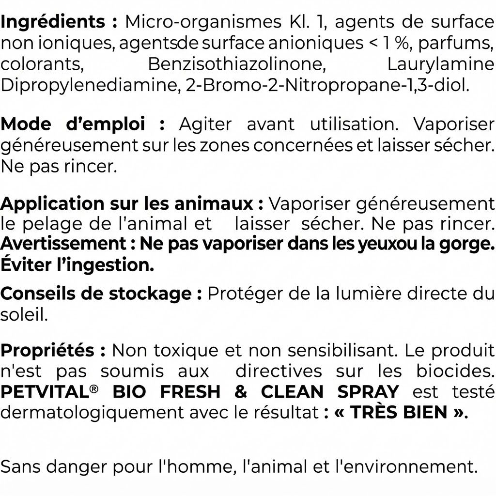 Bouteille de spray Canina PETVITAL Bio-Fresh & Clean, avec pulvérisateur, gros plan.