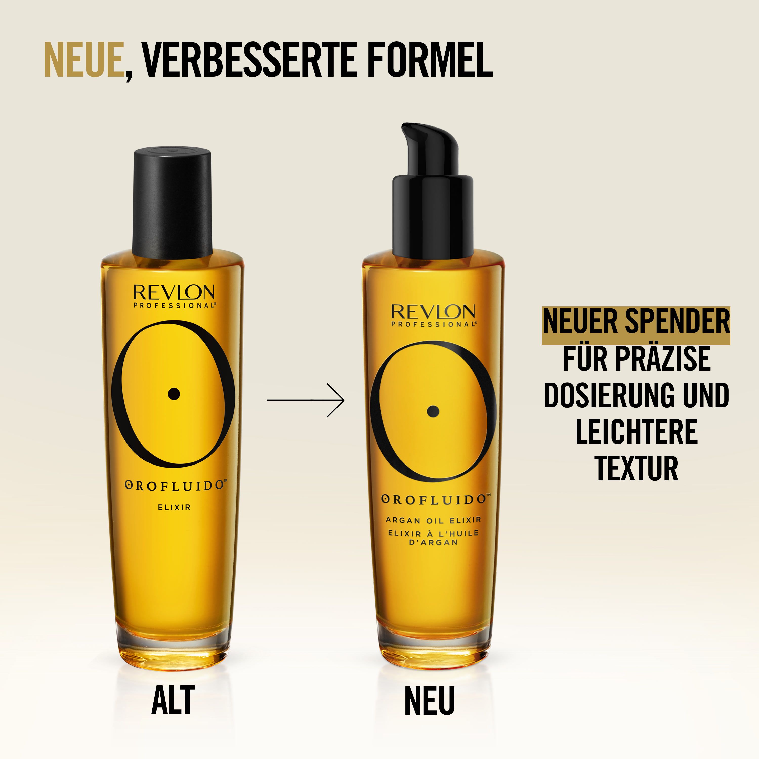 Comparaison des anciens et nouveaux designs de bouteilles d'Elixir Revlon Orofluido.