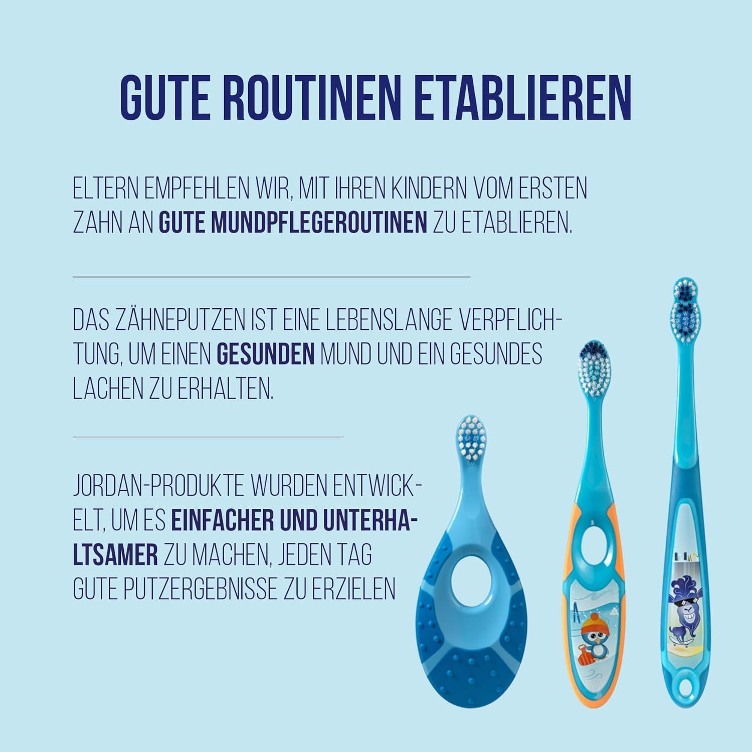 Trois brosses à dents pour enfants bleues et vertes. Illustrations sur les manches. Texte : "Établir de bonnes routines".