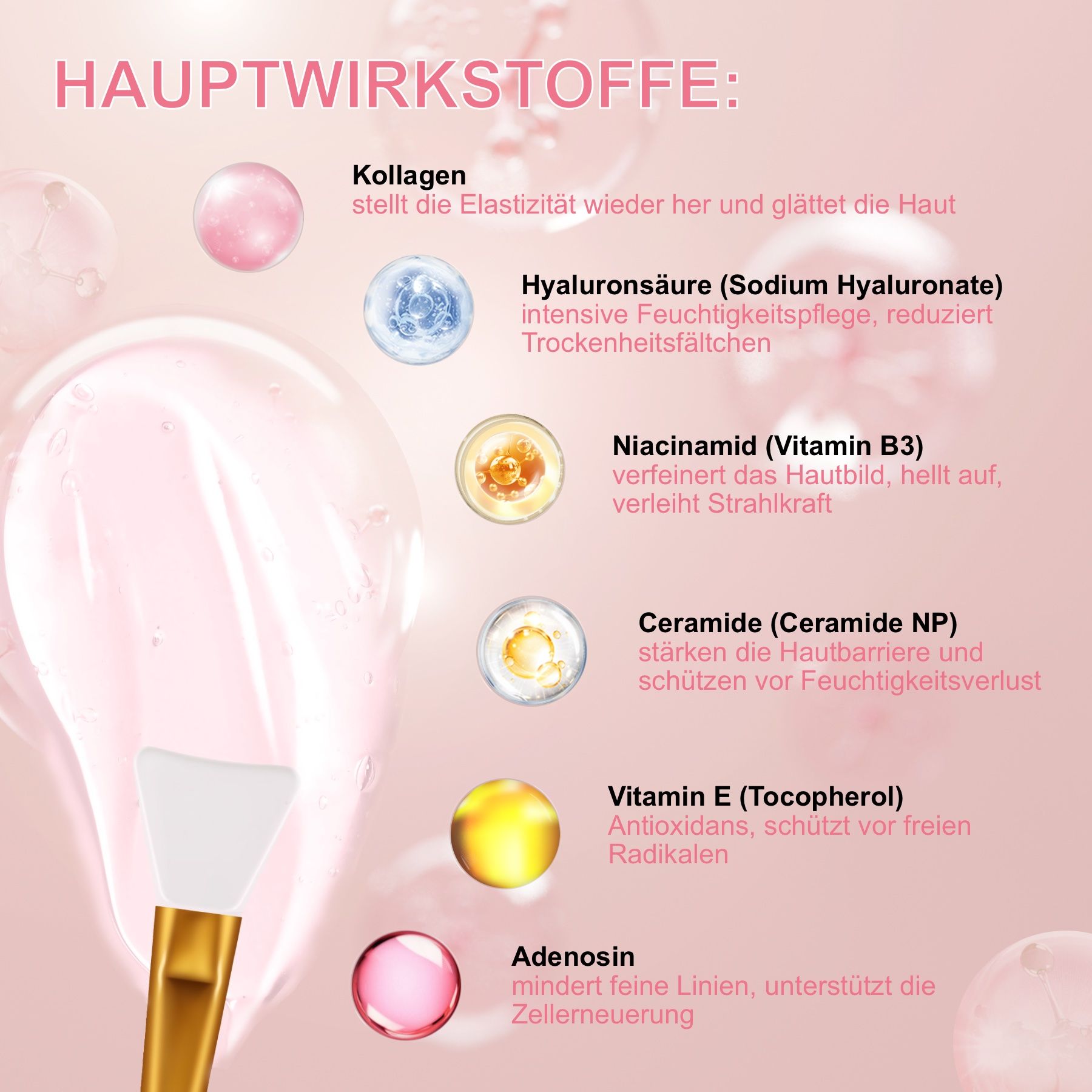 Belangrijkste ingrediënten: collageen, hyaluronzuur, niacinamide, ceramiden, vitamine E, adenosine. Afgebeeld: penseel met gouden handvat en witte punt.