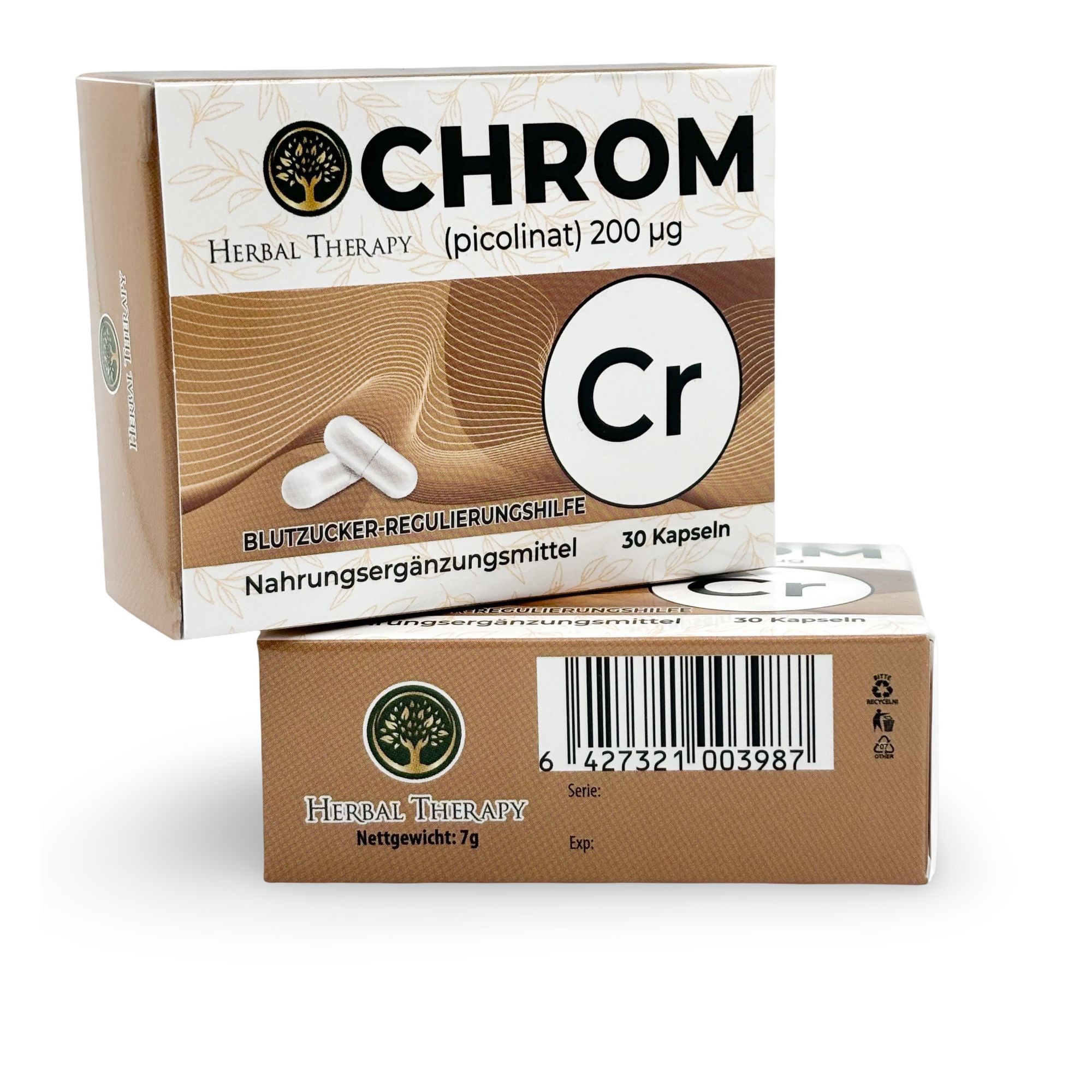 Deux emballages de produits. Inscription: CHROM, Herbal Therapy (picolinate) 200 μg. Un paquet est posé sur l'autre.