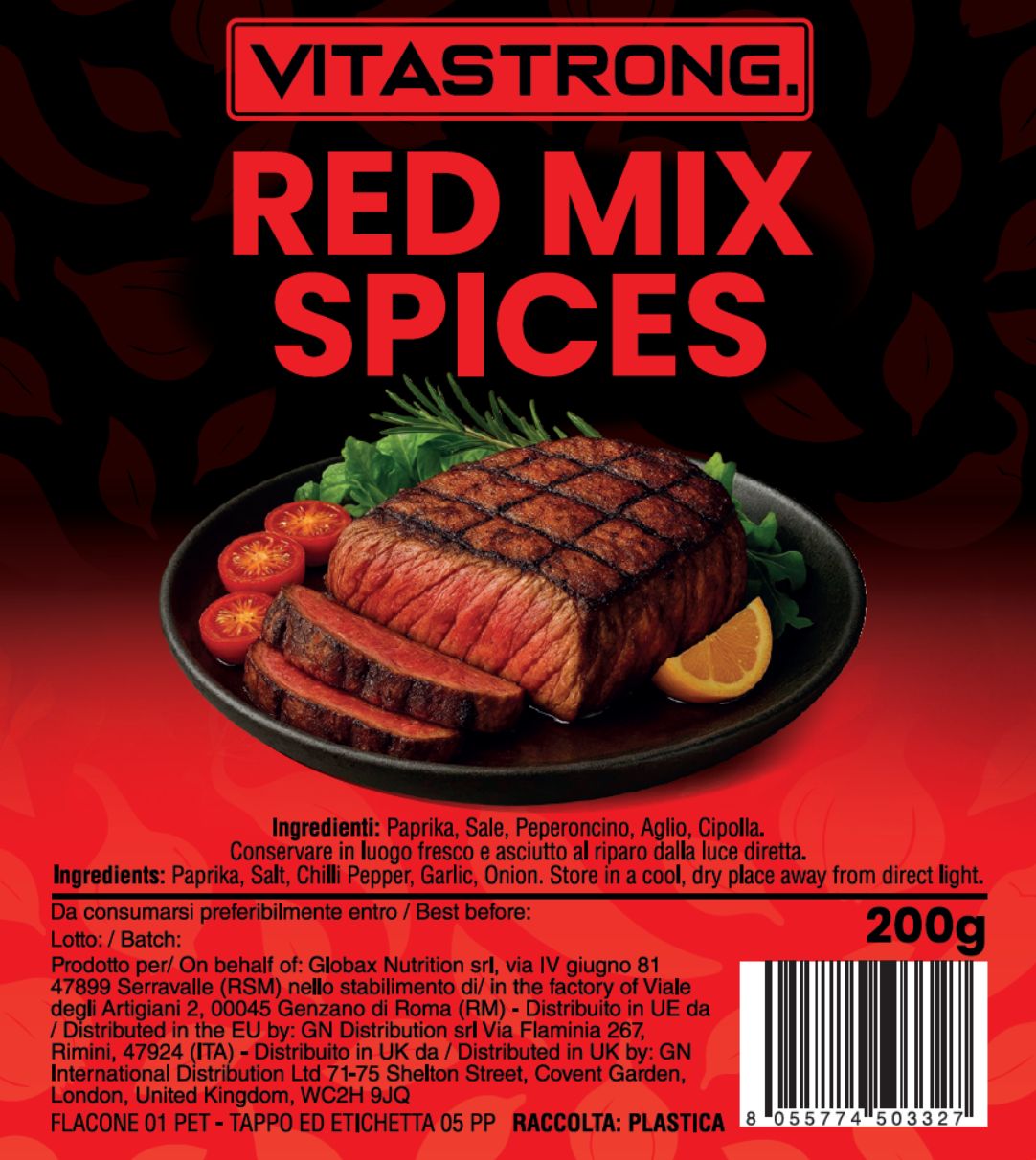 Rood etiket met productnaam: RED MIX SPICES. Afbeelding van vlees op bord. 200g. Ingrediëntenlijst en fabrikantgegevens.