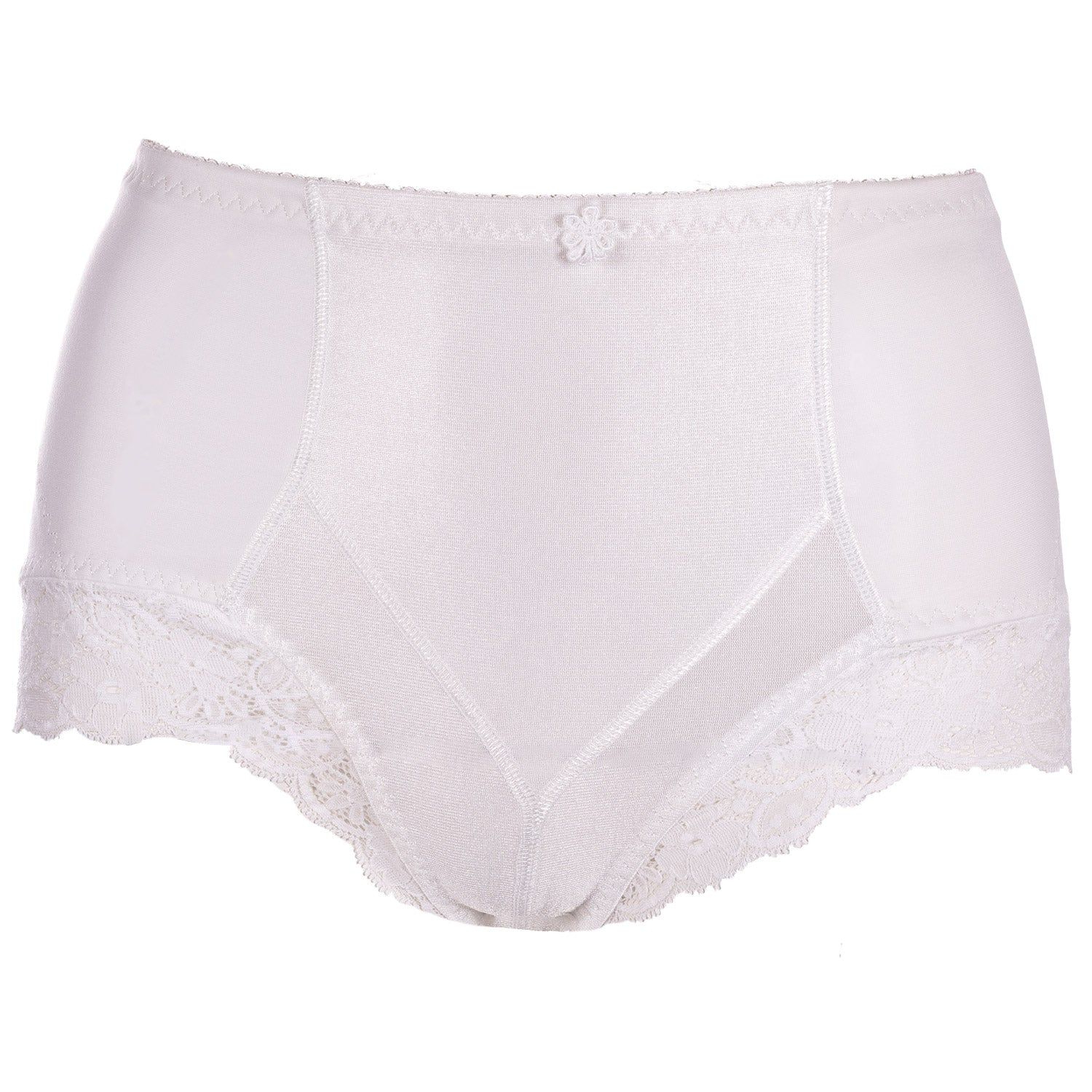 Witte corrigerende slip met kanten inzetstukken. Hoge taille, kant aan de beenzoom. Vooraanzicht.