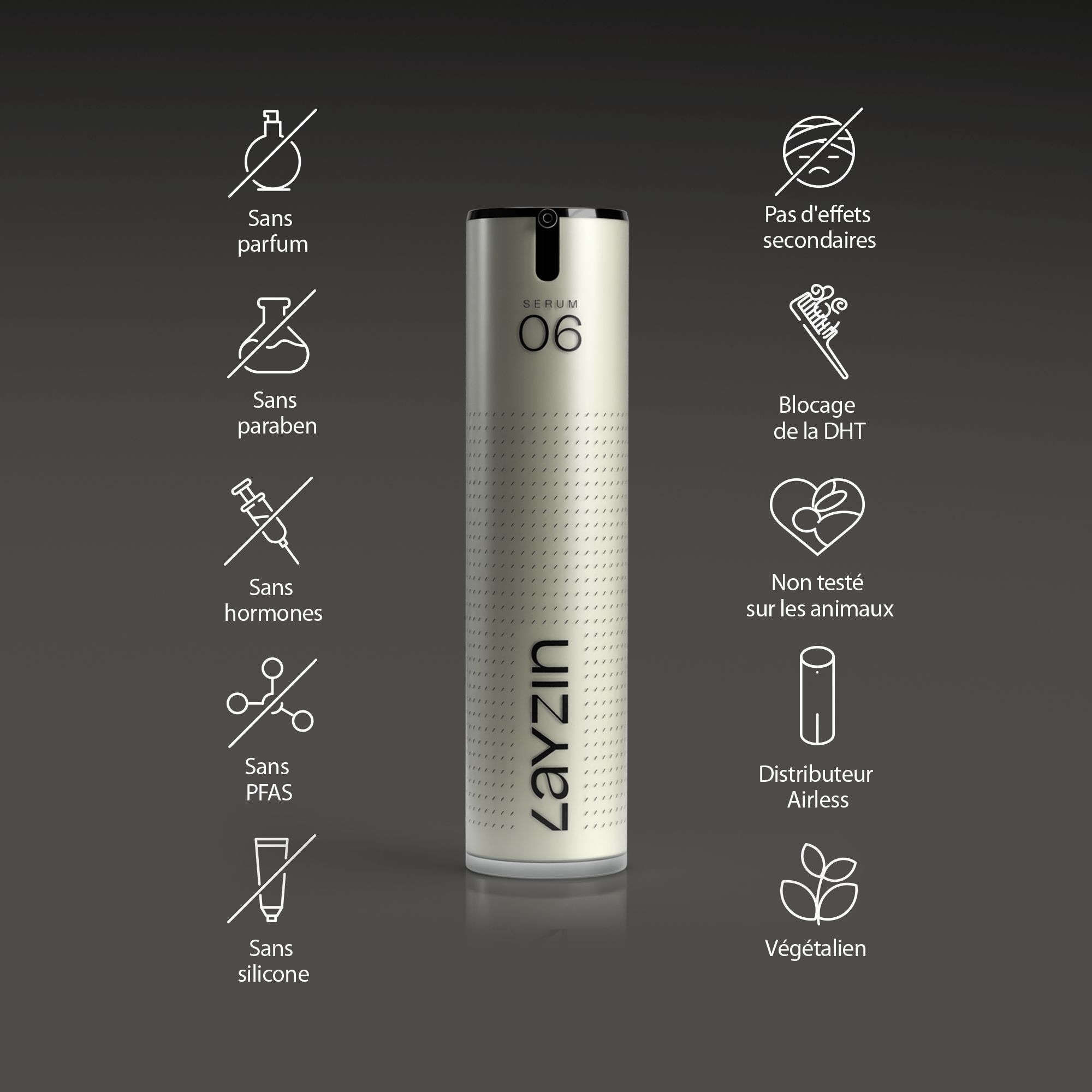 Sérum 06. Flacon avec symboles : sans parfum, sans parabène, sans hormones, sans PFAS, sans silicone, sans effets secondaires, non testé sur les animaux, végétalien.