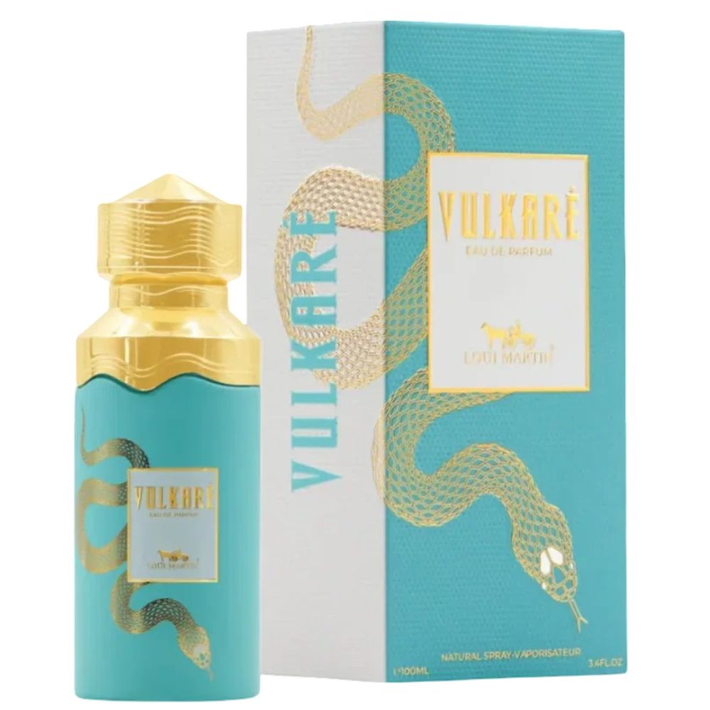 Flacon turquoise, bouchon doré, serpent doré. Inscription Vulkaré Eau de Parfum. Emballage avec serpent et logo.