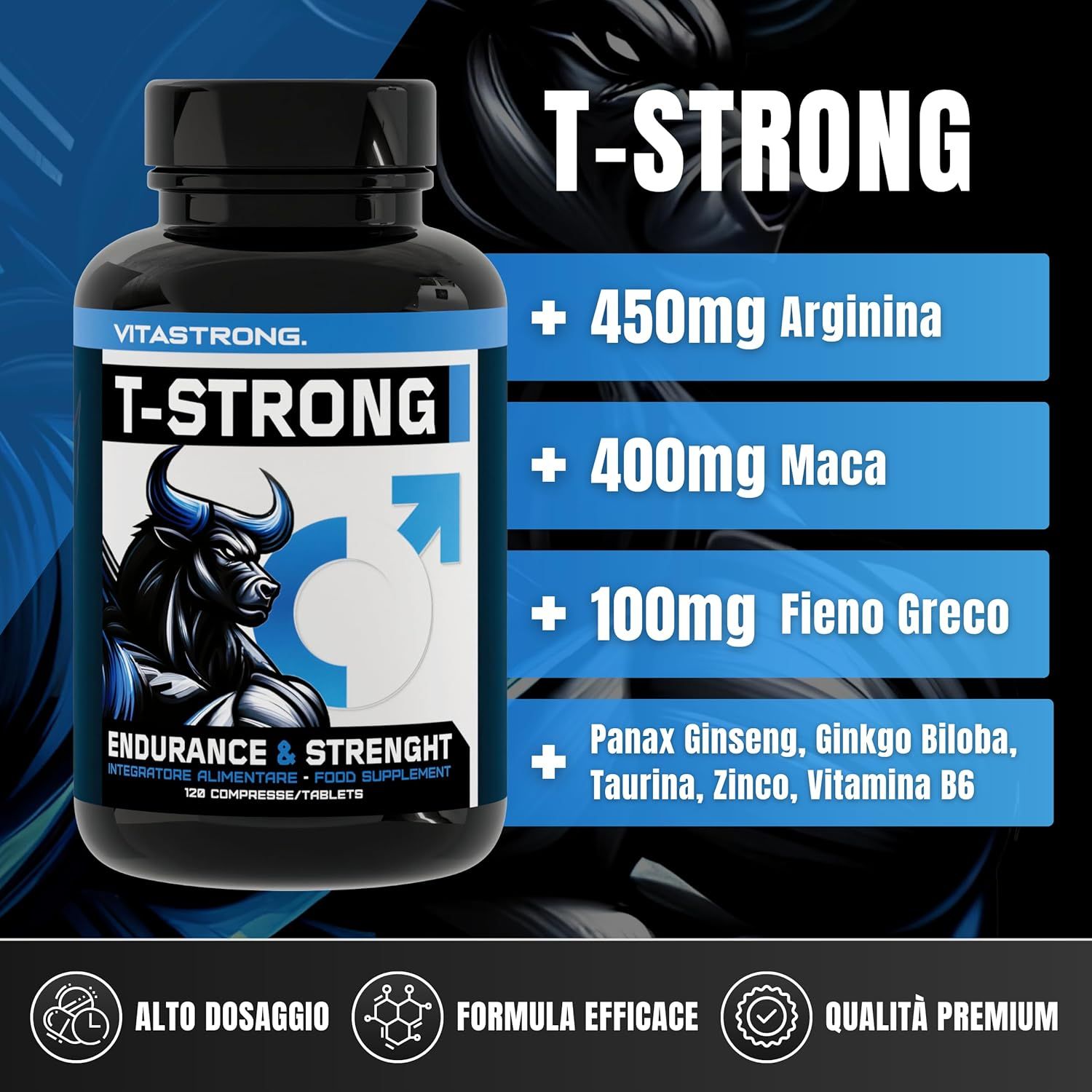 Zwarte fles met tabletten. Opschrift T-Strong, ingrediënten: Arginine, Maca, Fenegriek. Stier logo.