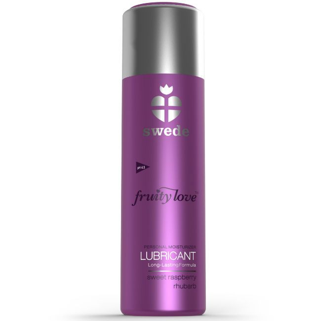 Bouteille violette avec bouchon argenté, lubrifiant 'swede fruity love'.