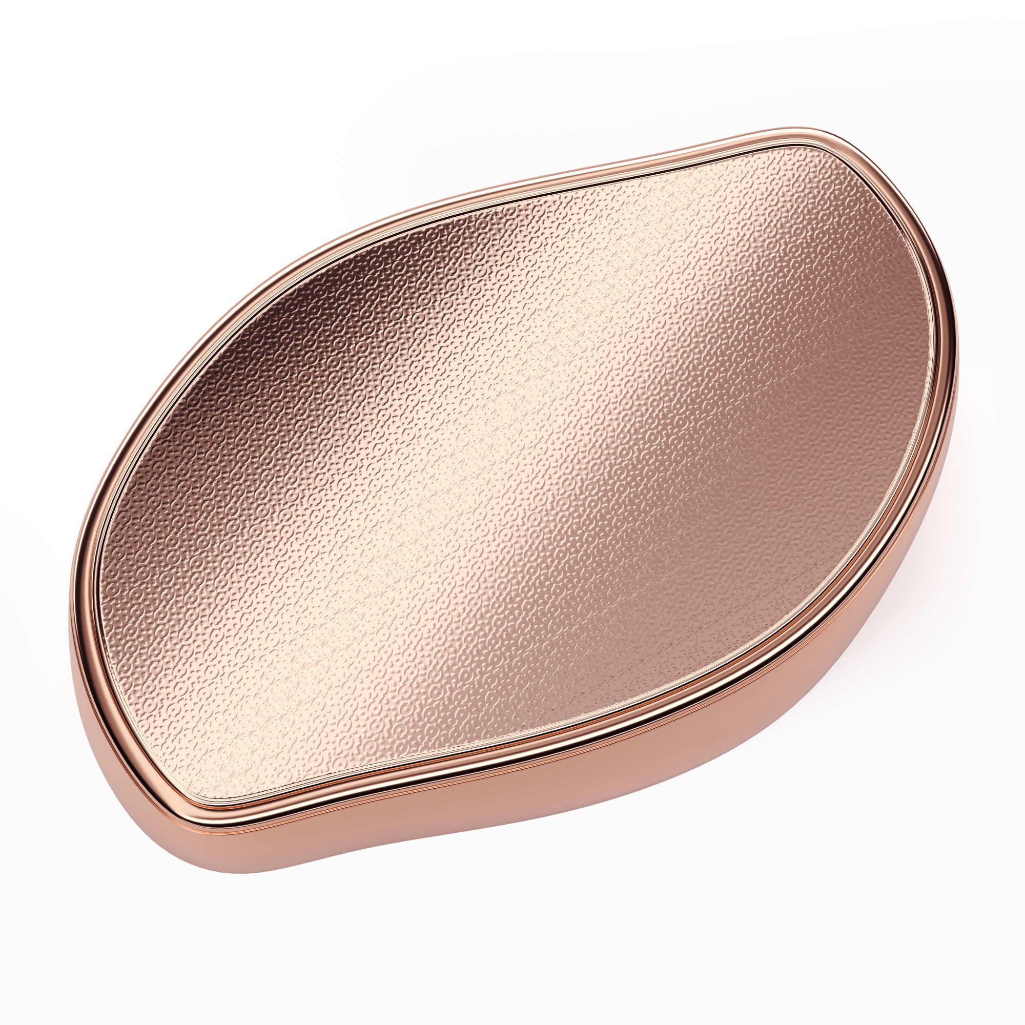 Roségouden voetverzorgingsapparaat. Ovale vorm, gestructureerd oppervlak. Glanzende rand.