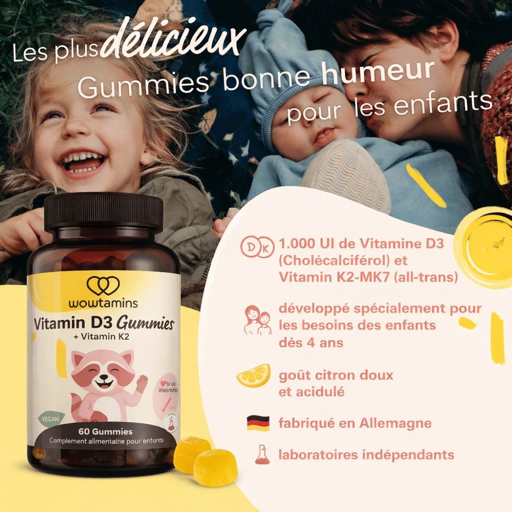 Image produit avec flacon Vitamine D3 Gummies, enfants et texte. Inscription: Vitamine K2.