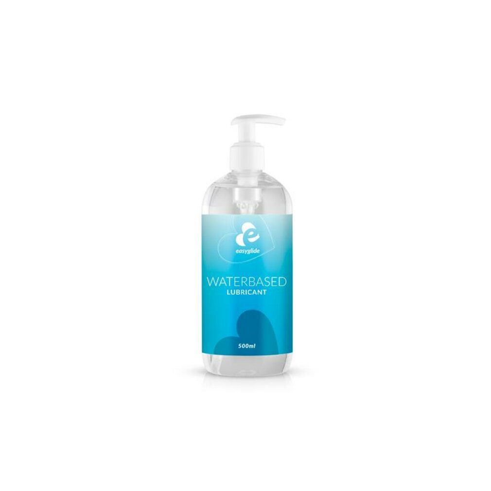 Transparante fles met pomp. Blauw etiket met "easyglide", "WATERBASED LUBRICANT" en 500ml.
