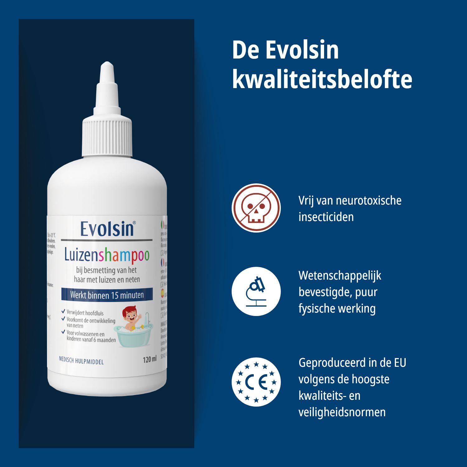 Productverpakking. Tekst: Evolsin Luizenshampoo. Werkt in 15 minuten. Met kam.