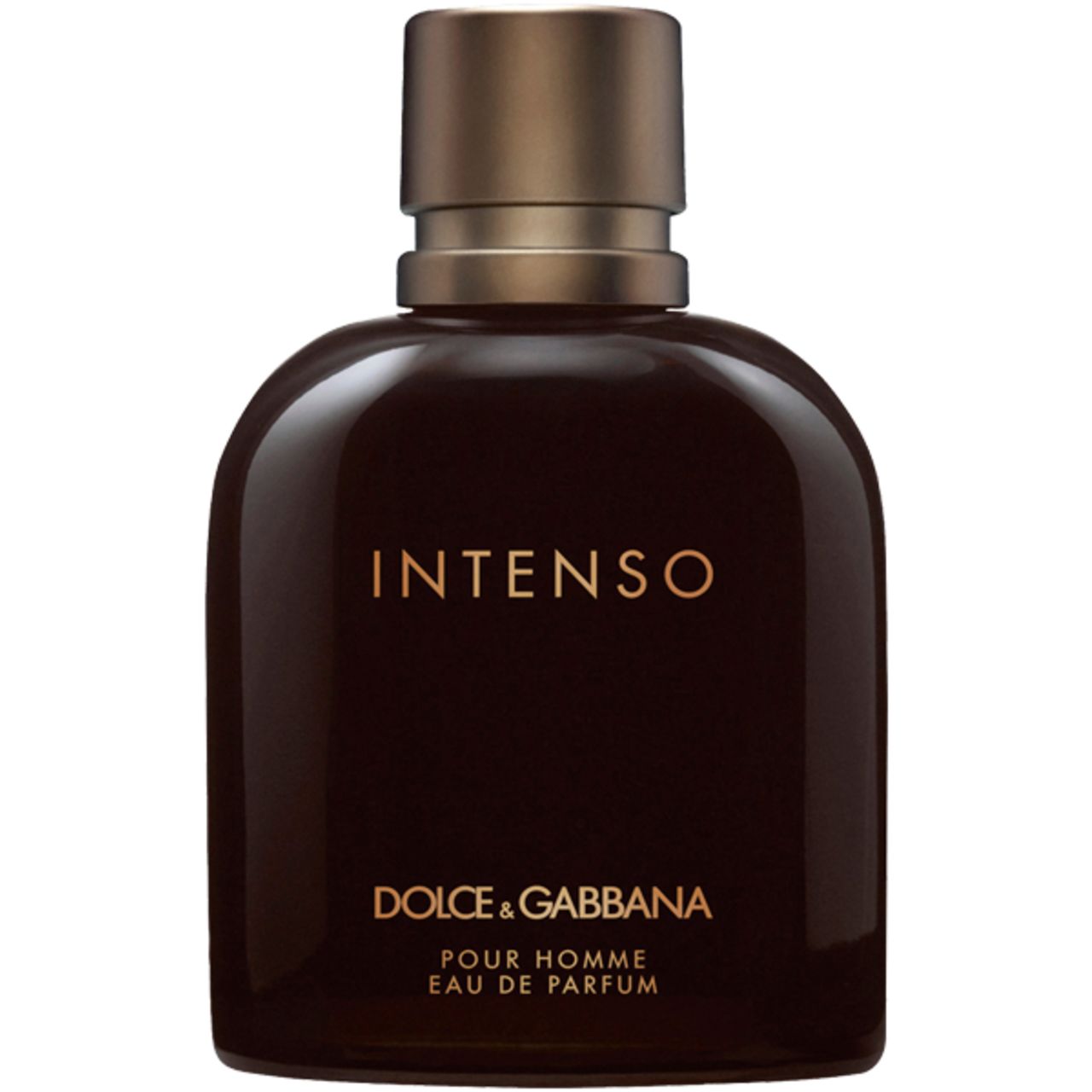 Donkerbruine fles met gouden dop. Opschrift INTENSO, DOLCE & GABBANA, Pour Homme. EdP.