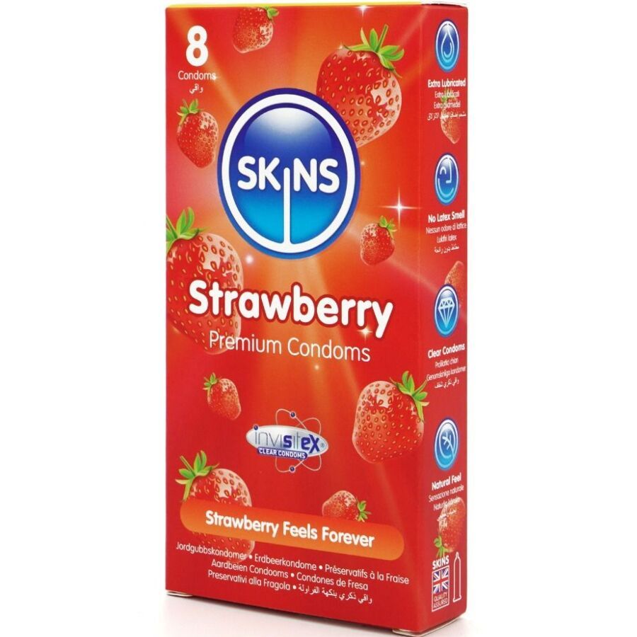 Boîte de 8 préservatifs SKINS Strawberry. Emballage rouge avec fraises. Inscription: Strawberry Feels Forever.
