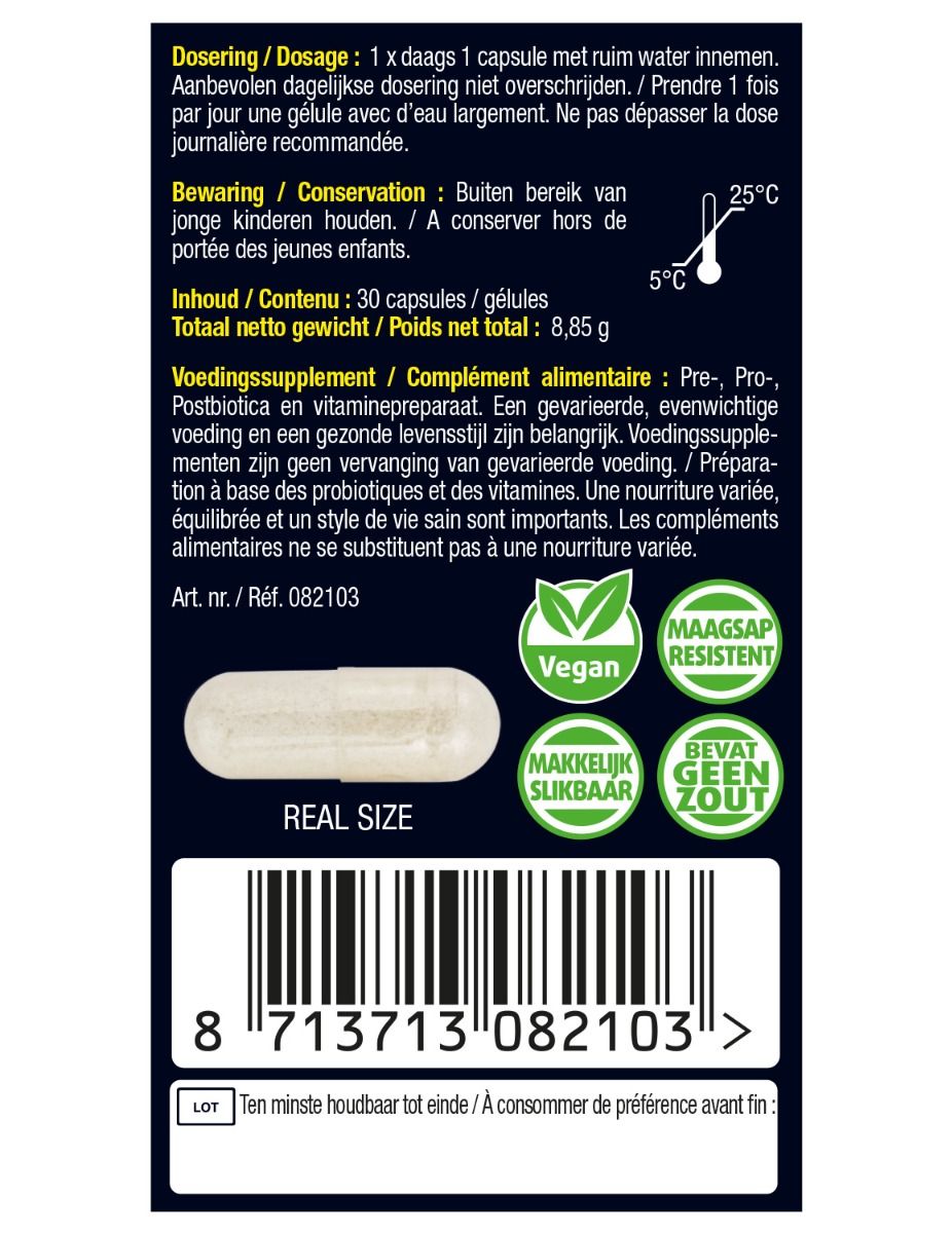 Achterkant van de verpakking van Lucovitaal Pre·Pro·Post Bioticomel. Dosering, ingrediënten, vegan keurmerk en houdbaarheid.