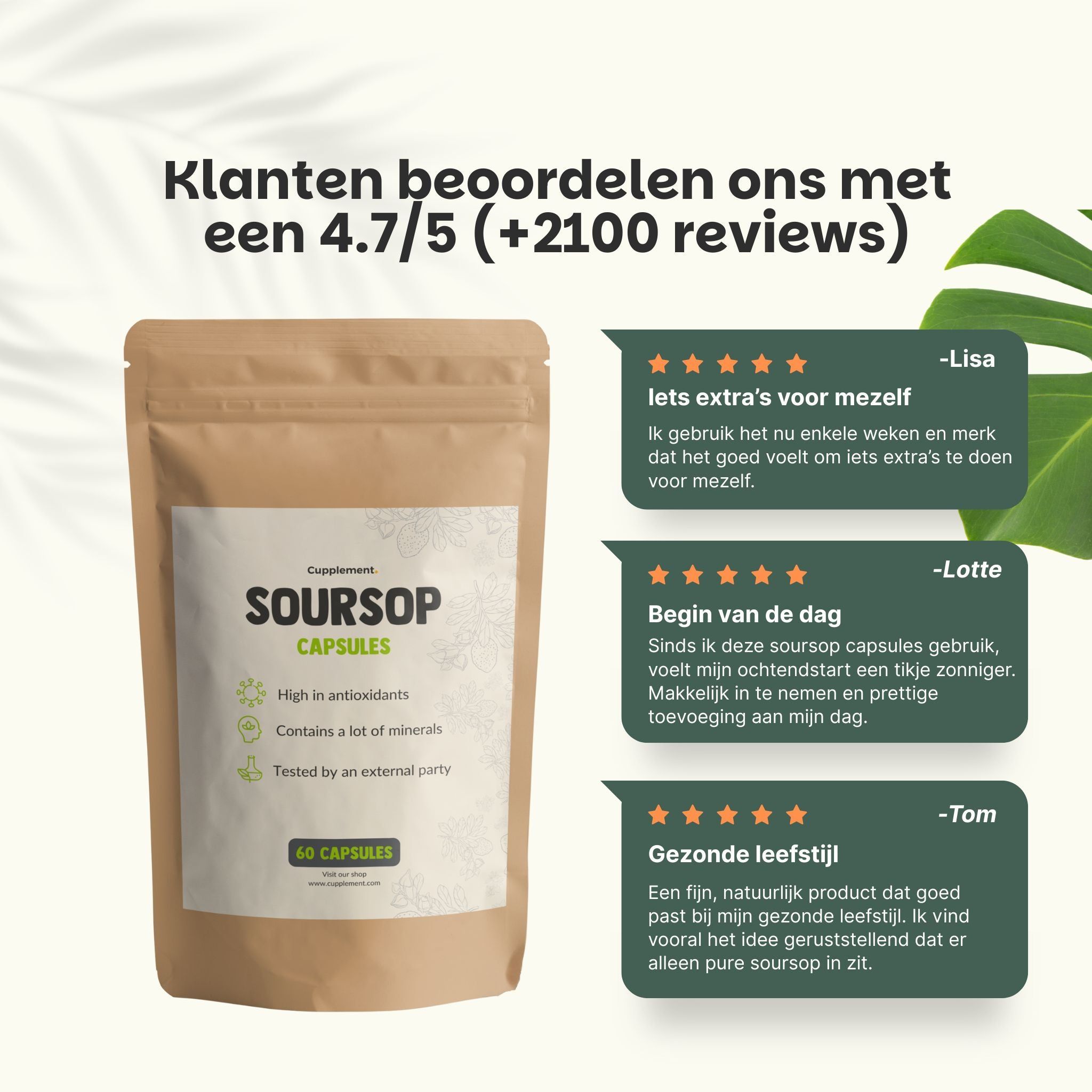 Zakje met soursop capsules en klantbeoordelingen. Tekst: 4,7/5 sterren (+2100 beoordelingen).