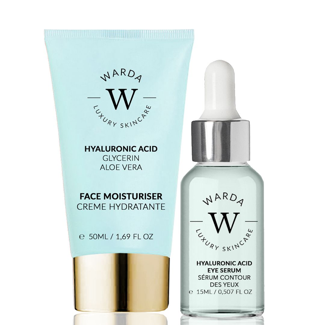 Warda Skincare Hyaluron Gezichtscrème (50ml) en Hyaluron Oogserum (15ml).