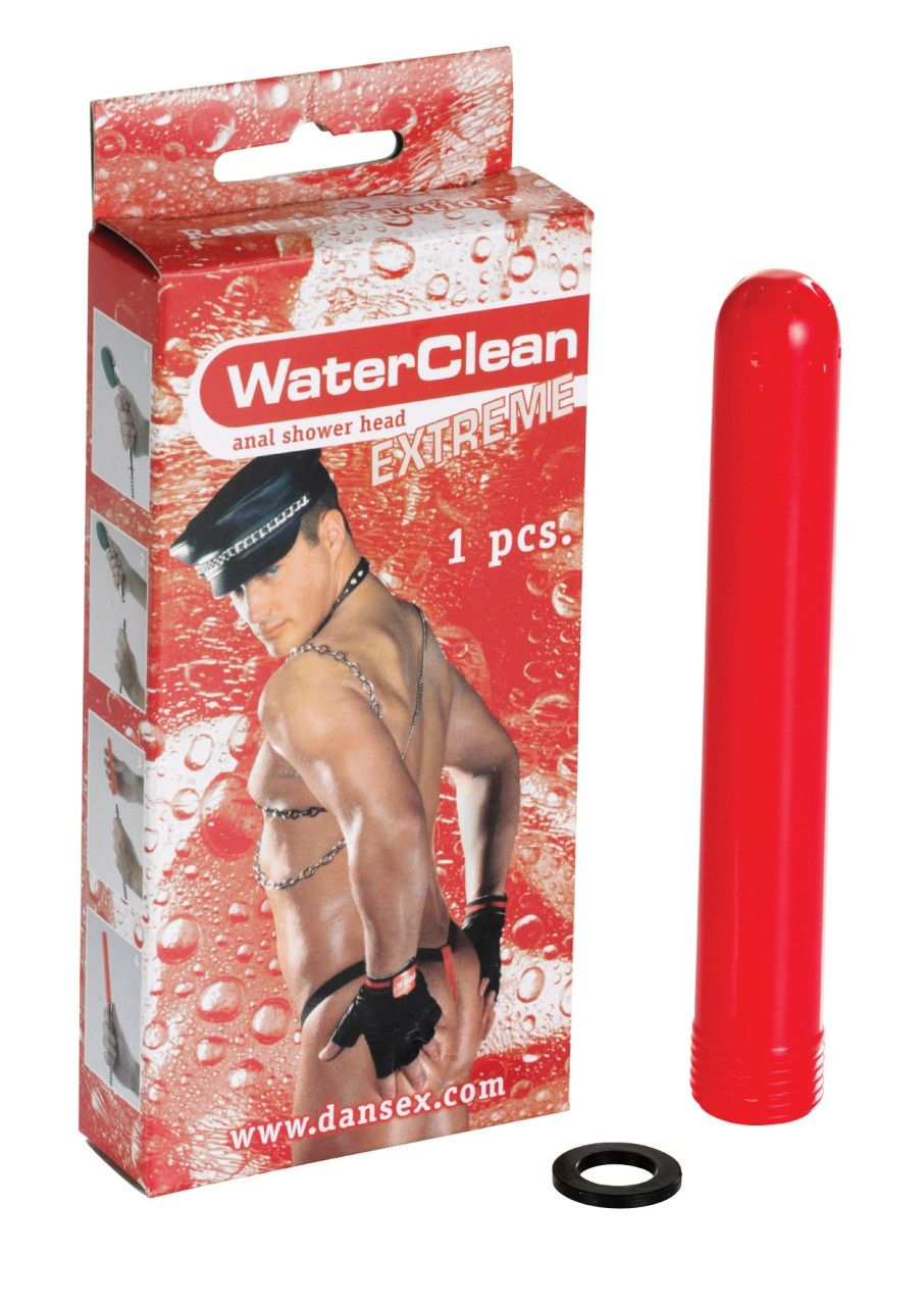 Emballage rouge pour pommeau de douche anal avec un homme représenté et un pommeau de douche rouge séparé.