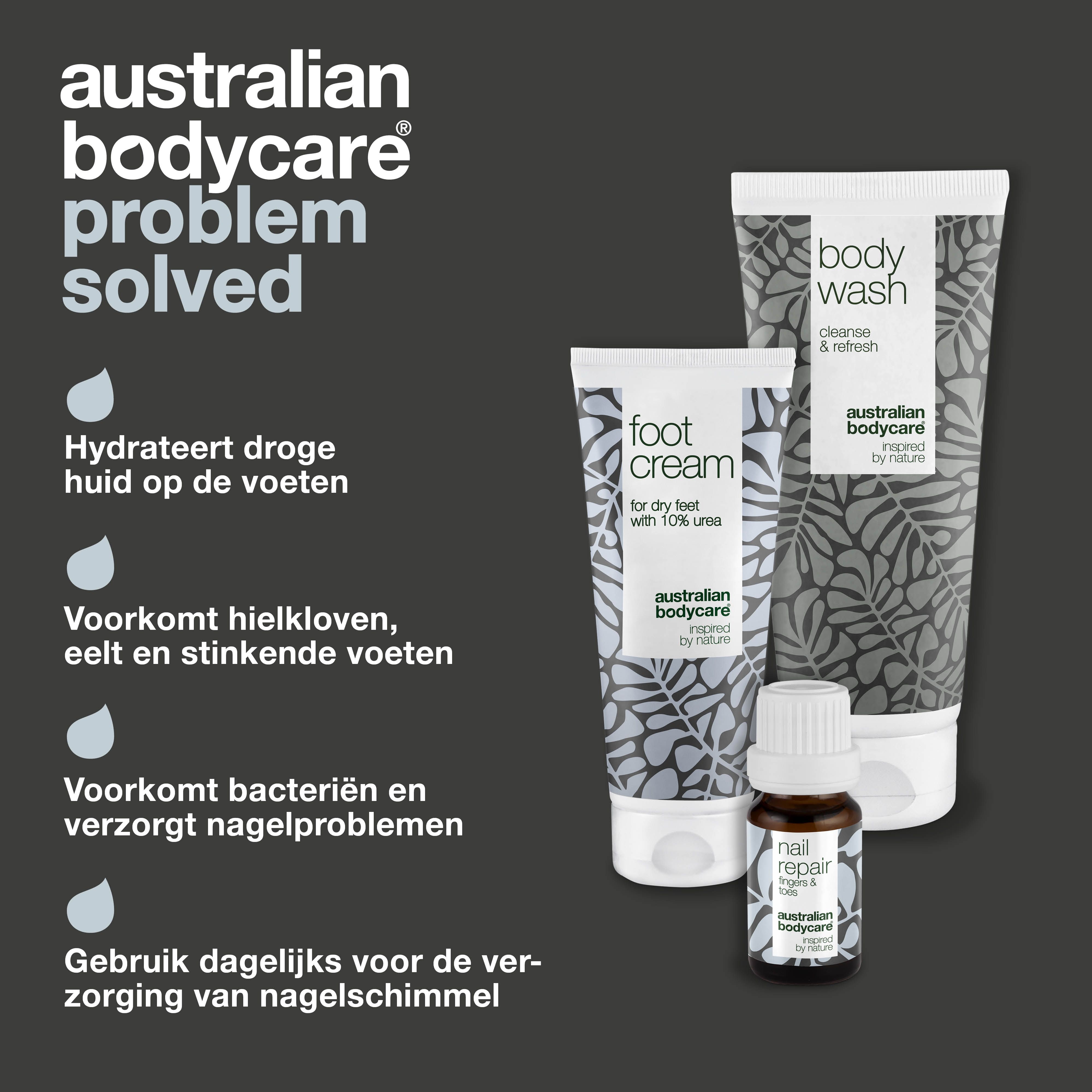 Producten van Australian Bodycare. Voetcrème, body wash en nagelreparatie-olie. Tekst: probleem opgelost.
