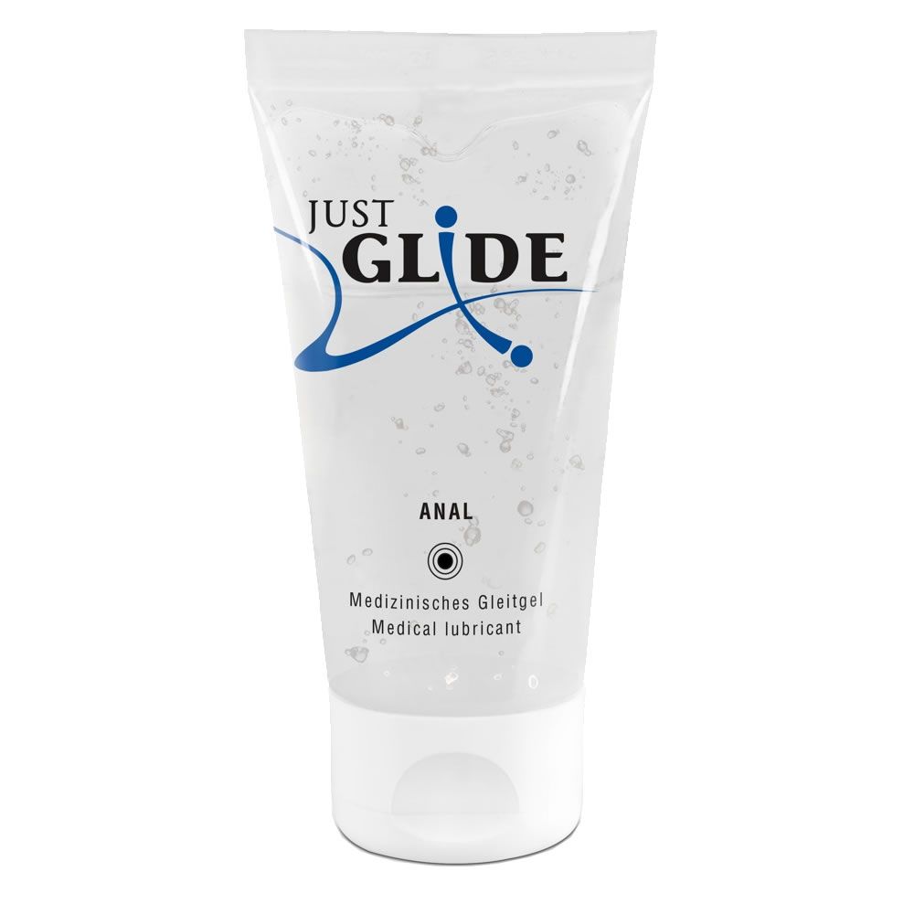 Tube met opschrift: JUST GLIDE ANAL. Medische glijmiddel. Witte sluiting.