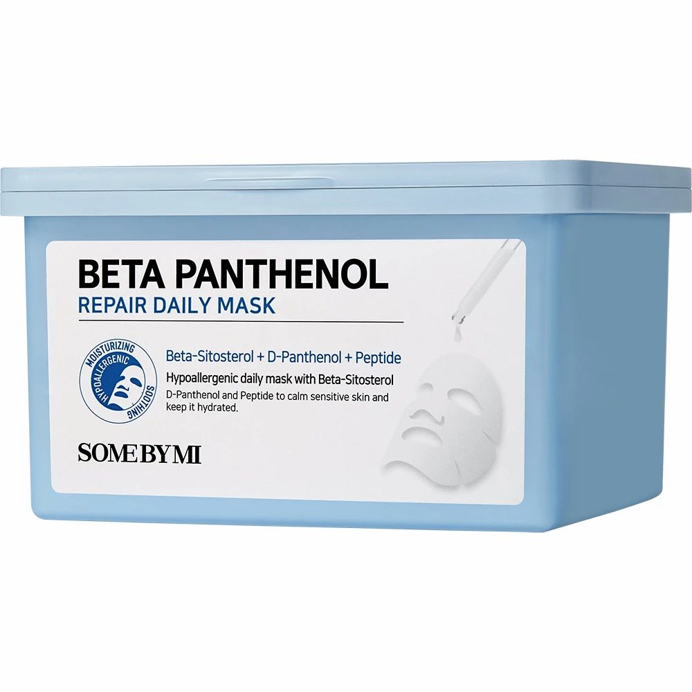 Boîte bleu clair avec couvercle, remplie de masques. Sur la boîte, on lit "Beta Panthenol Repair Daily Mask" et le logo SOME BY MI.