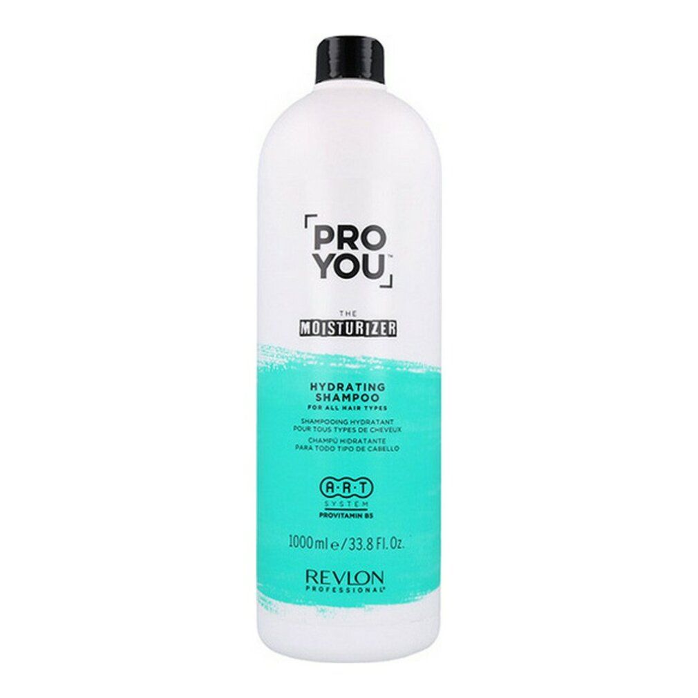 Grote witte shampoo fles met zwarte dop. Opschrift: PRO YOU The Moisturizer, Hydrating Shampoo. Revlon Professional.
