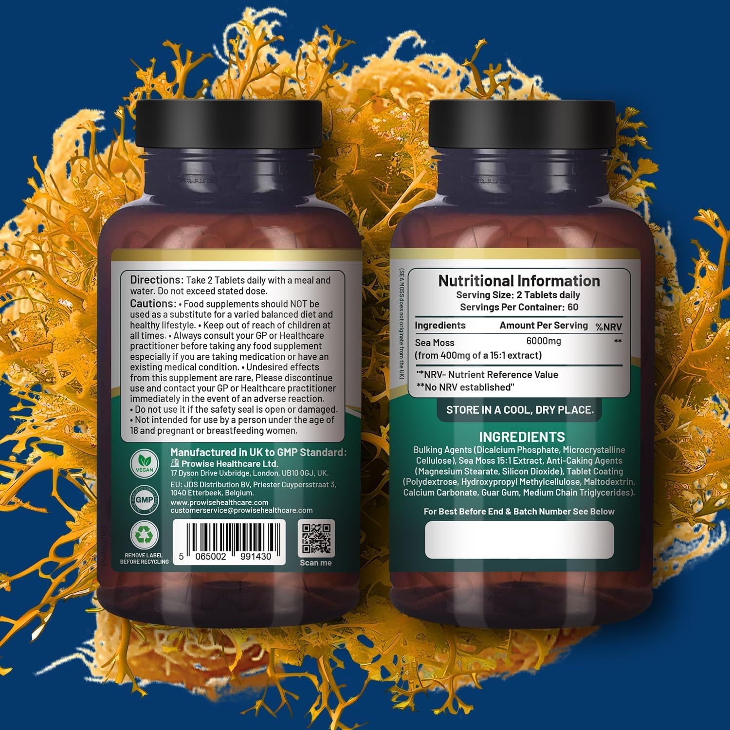Twee flessen Prowise Irish Sea Moss Tabletten. Opschrift: Sea Moss, ingrediënten, voedingswaarde. Bruine flessen met zwarte doppen.