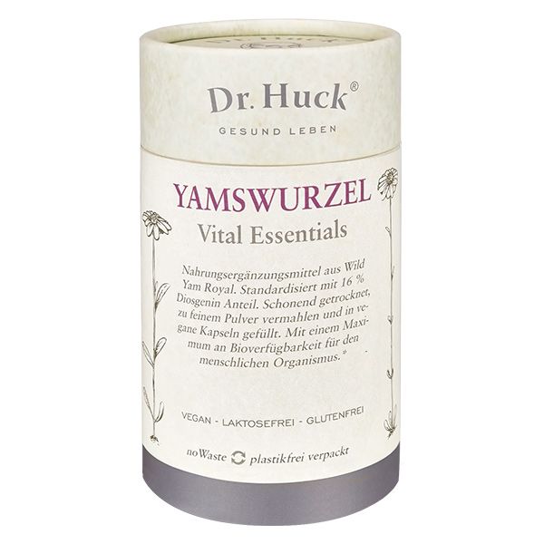 Cilindrische kartonnen doos met opschrift Dr. Huck Yamswurzel Vital Essentials. Vegan, lactosevrij, glutenvrij.