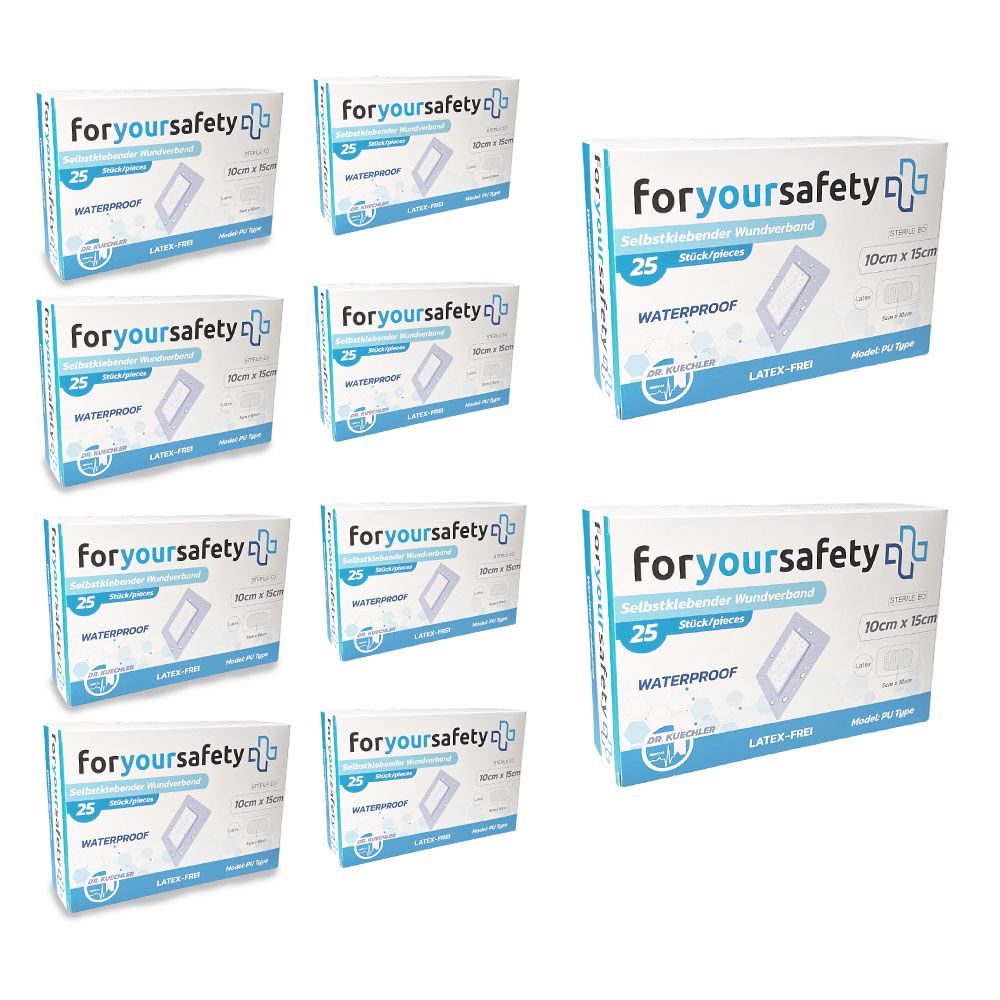 Plusieurs boîtes de pansements. Emballage: foryoursafety+, 25 pièces, imperméable, 10x15cm. Sans latex. Emballages individuels.