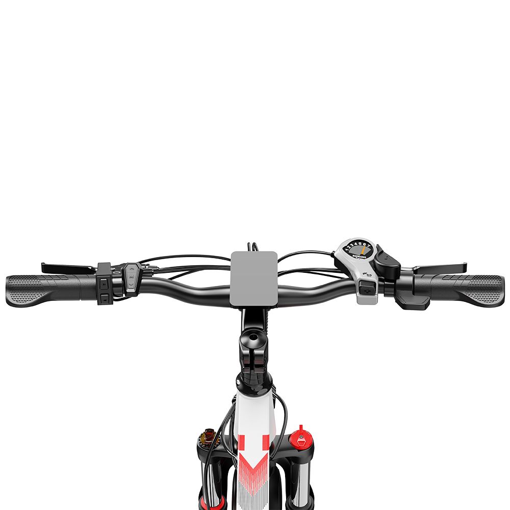 Guidon d'un vélo électrique. Poignées, commandes, écran. Vue de dessus.