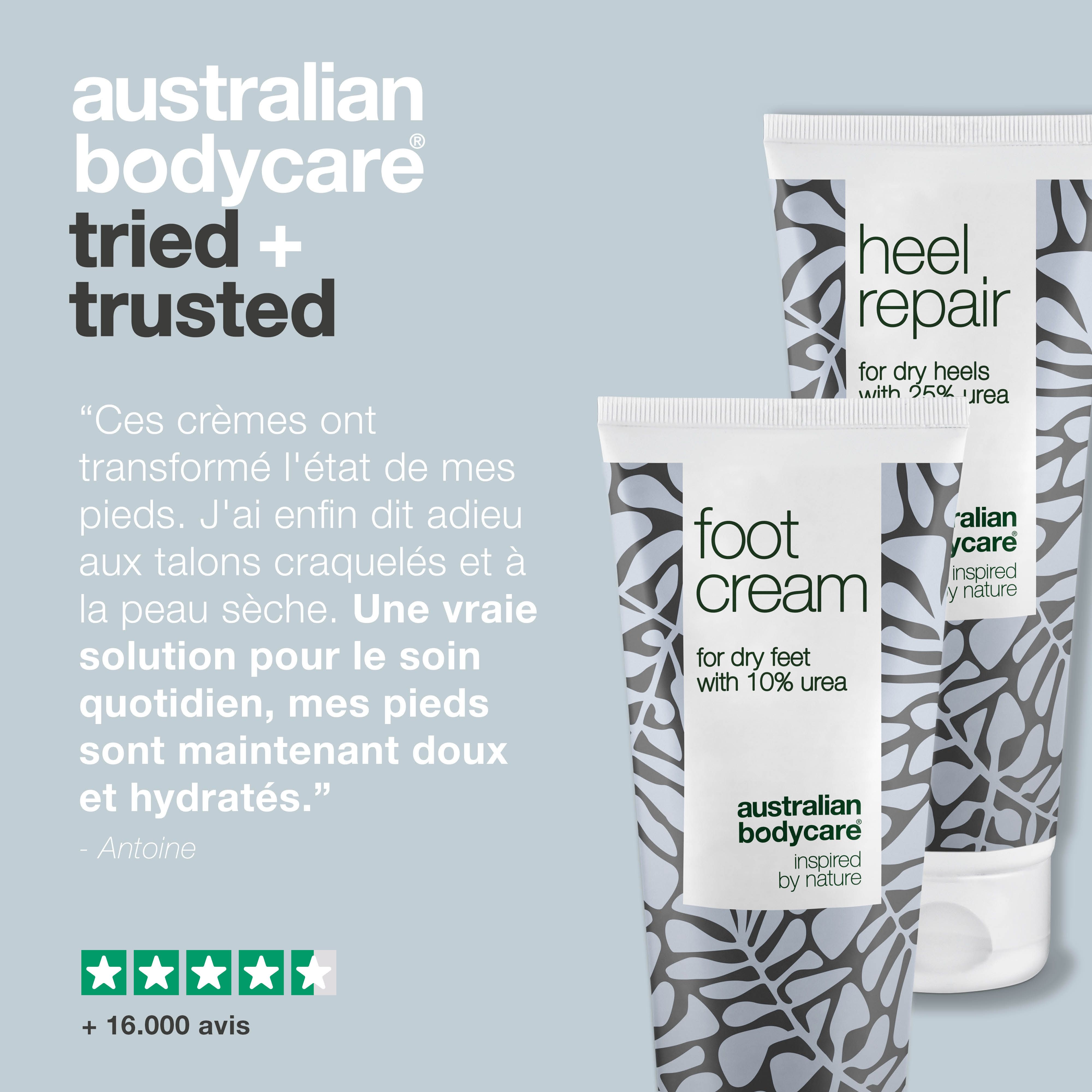 Deux tubes de crème pour les pieds et de réparation des talons. Texte : Essayé + approuvé. Informations sur le produit et avis.