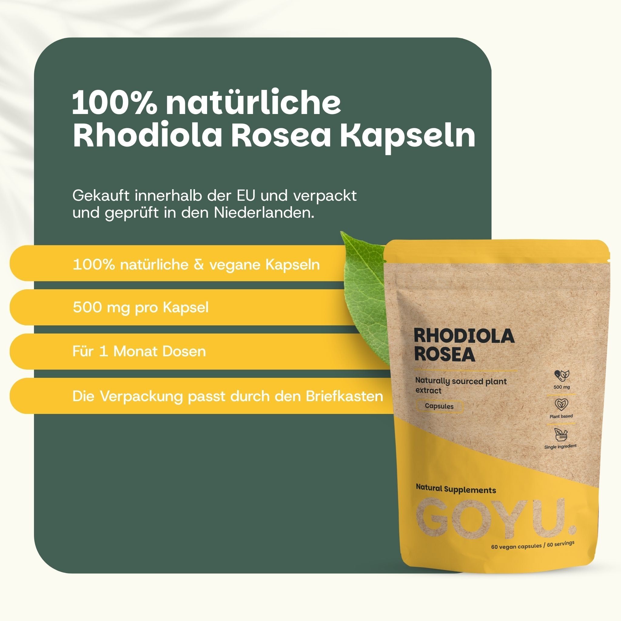 100% natuurlijke Rhodiola Rosea capsules, 500 mg per capsule, vegan, 60 capsules.