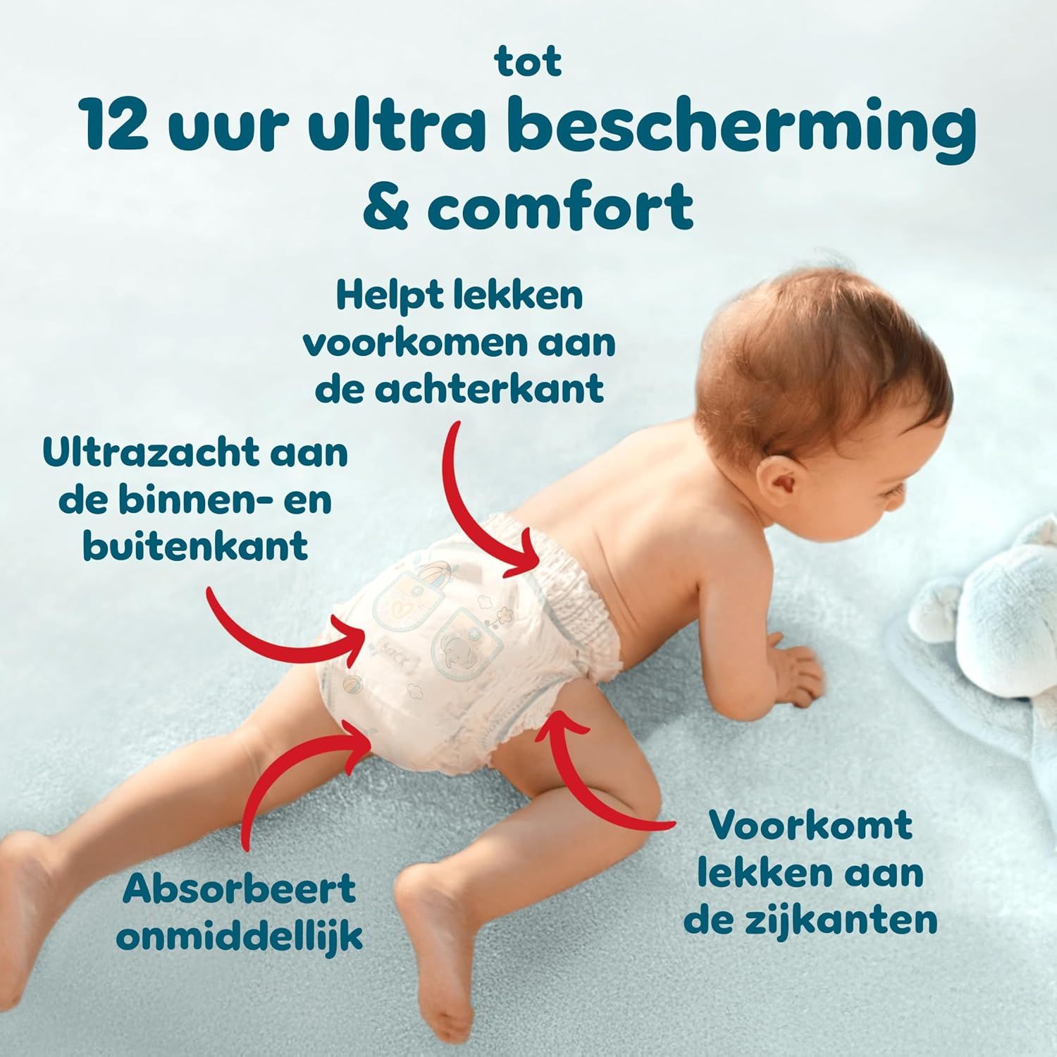 Baby luier met absorberende kern en zijdelingse lekbescherming. Zachte binnen- en buitenkant.