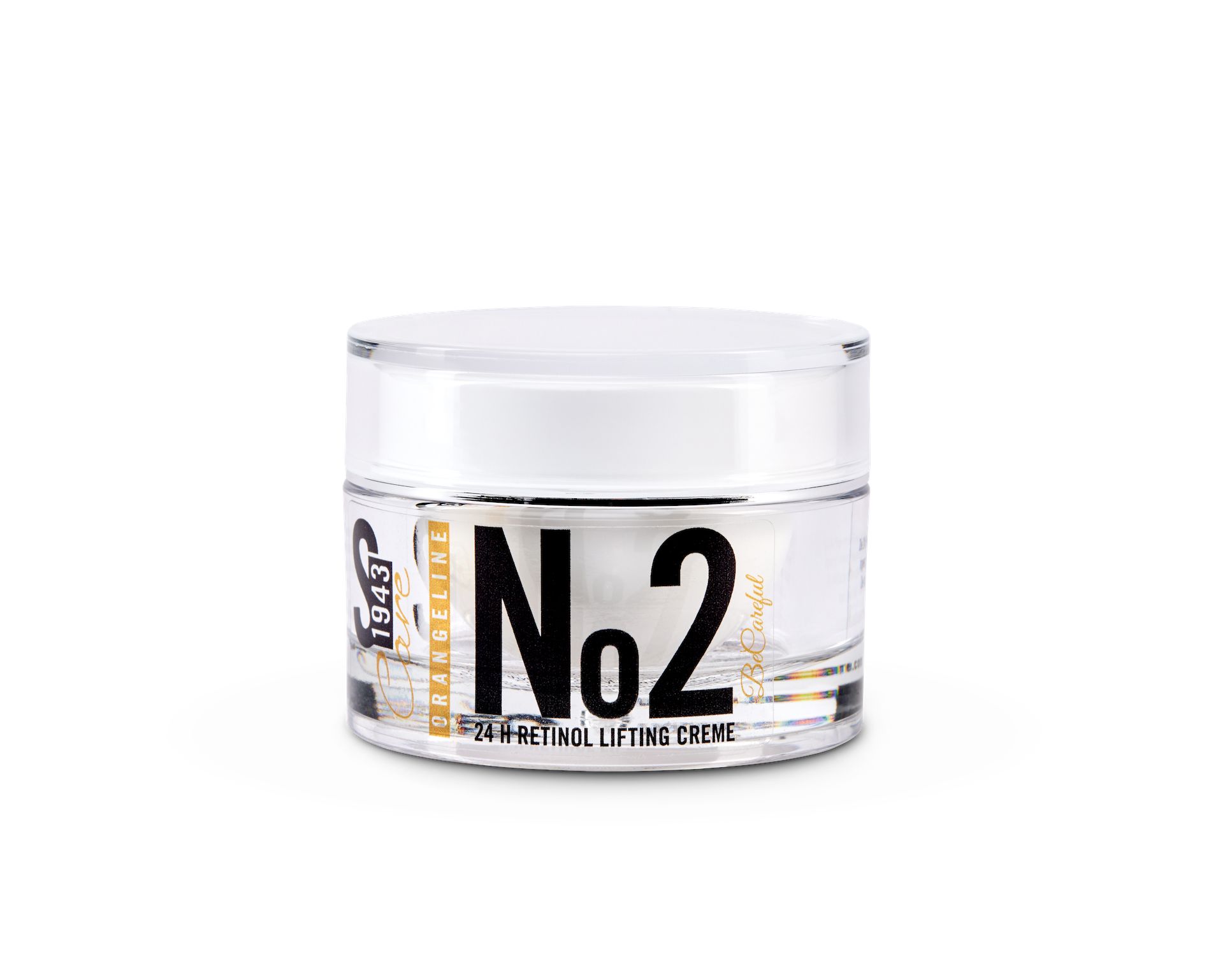 Glazen pot met witte deksel, gevuld met 24h retinol lifting crème. Zwarte en gouden belettering.