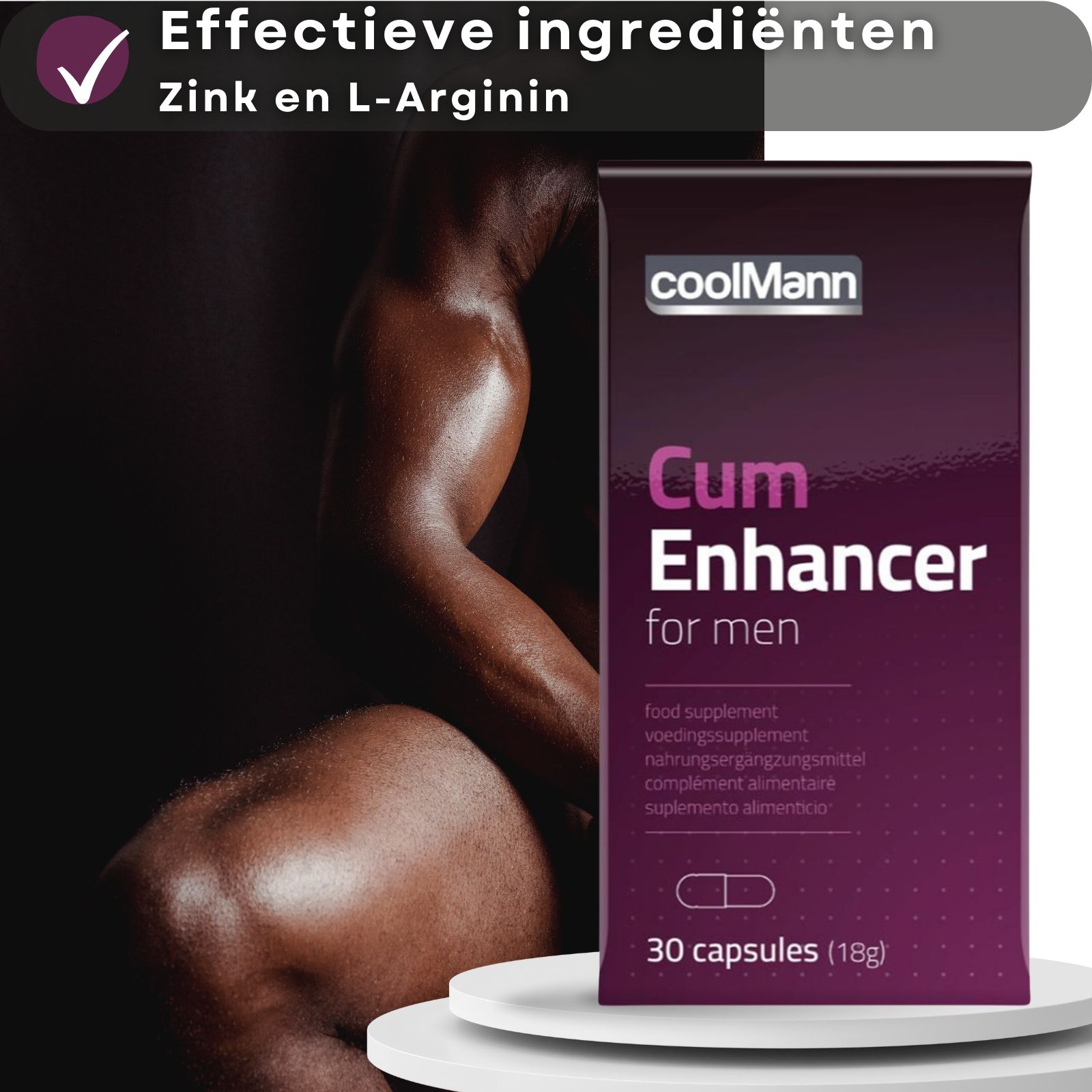 Productfles en verpakking. Tekst: "coolMann Cum Enhancer for men". Een capsule in de hand. Gespierde man op de achtergrond.