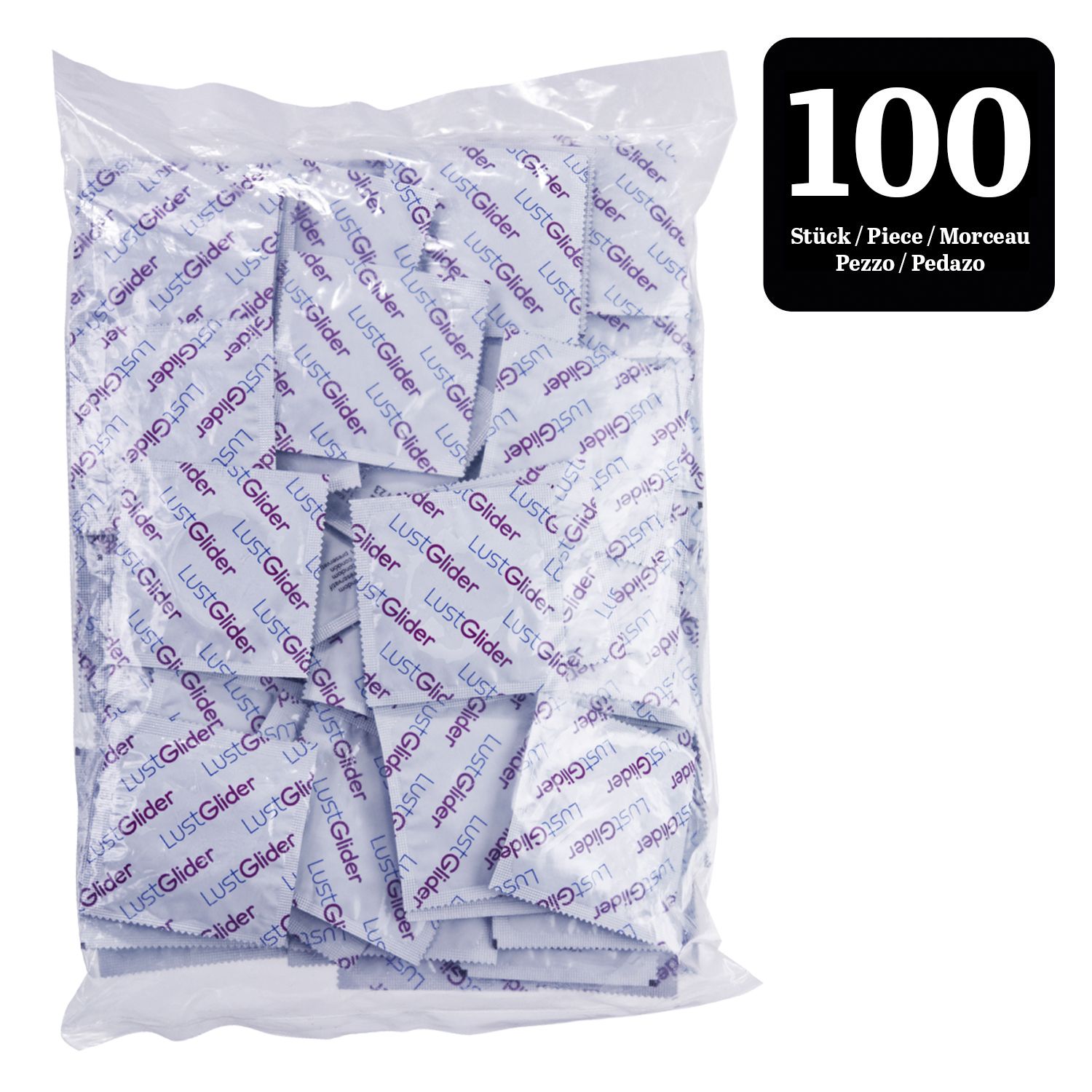 Grote plastic zak met 100 individueel verpakte LustGlider Classic condooms. Aanduiding "100 Stück".