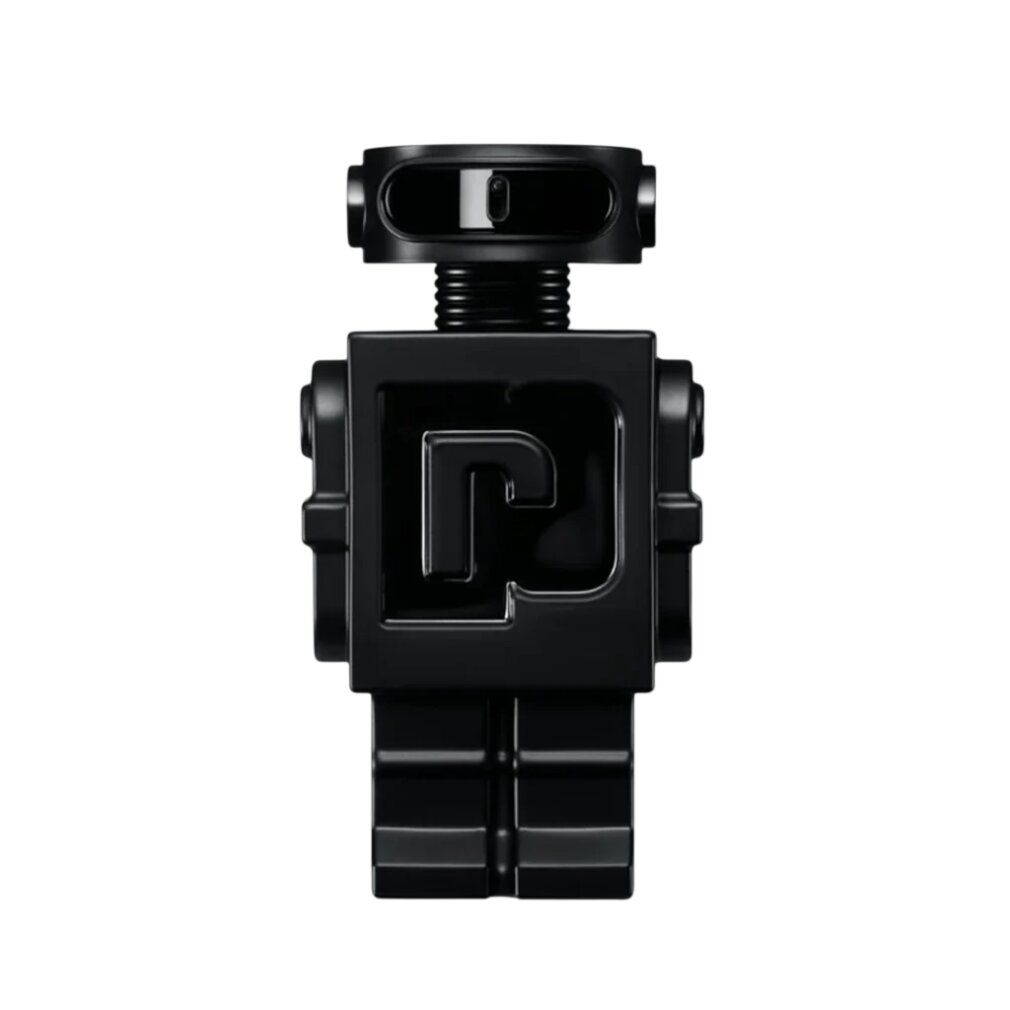 Flacon noir en forme de robot. Le logo "P" est visible sur la poitrine. Le flacon a un bouchon noir.