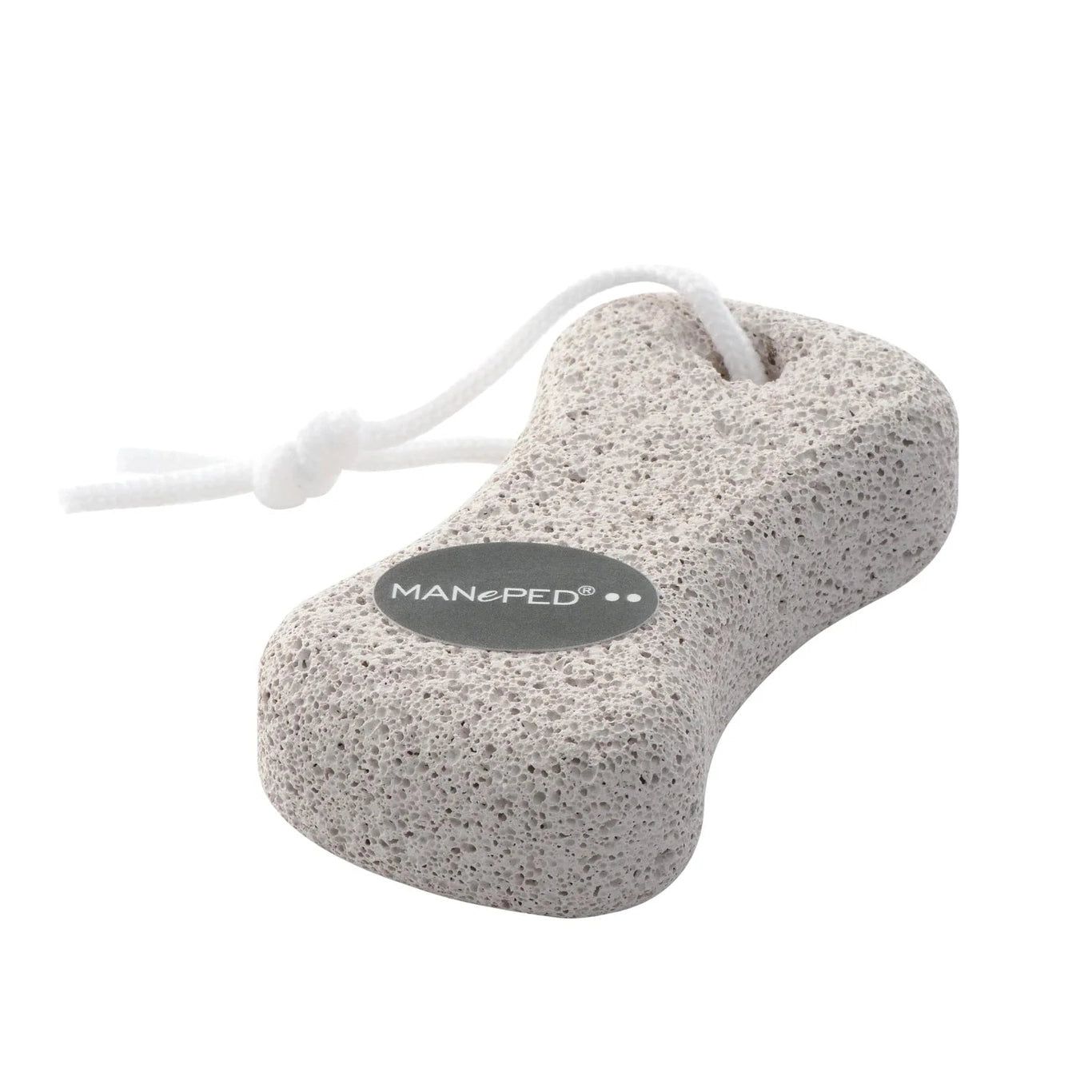 Pierre ponce grise en forme d'os avec cordon blanc. Logo MANePED. Trou pour suspendre.