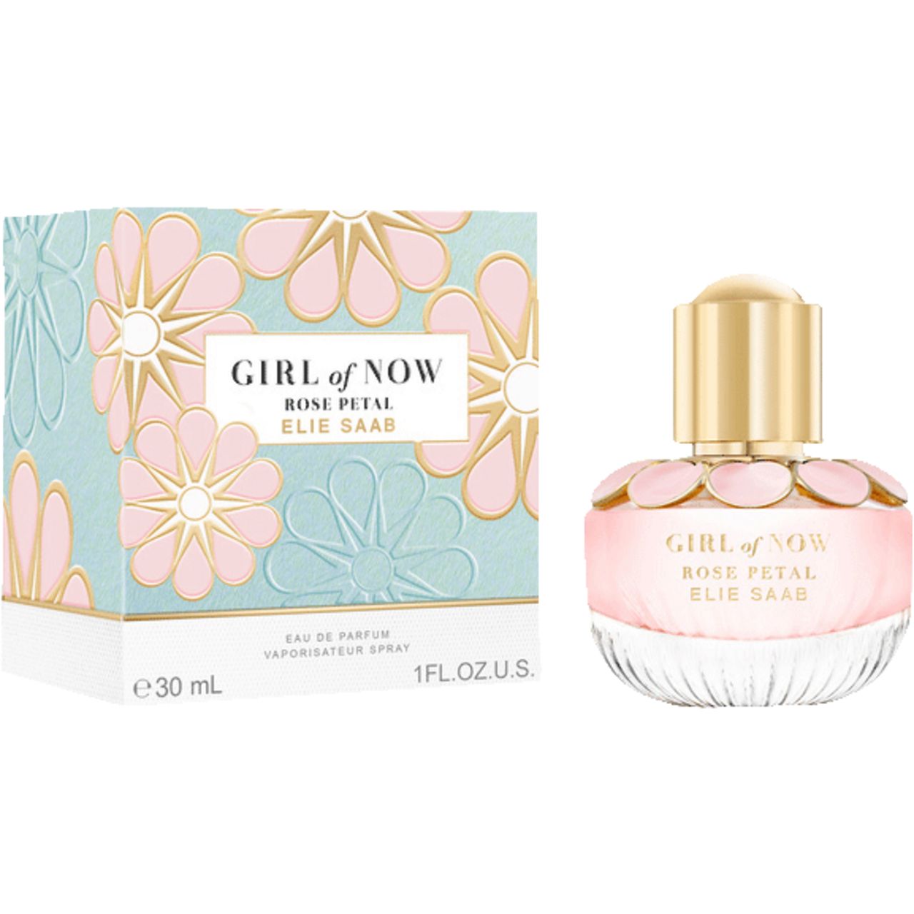Parfumflesje Girl of Now Rose Petal Elie Saab naast een doosje. Opschrift op flesje en doosje. 30 ml.