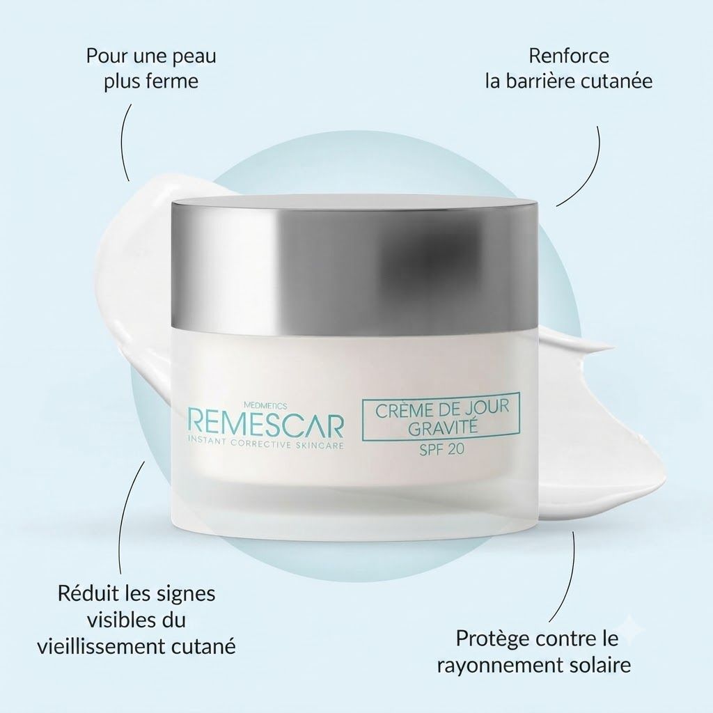 Crème de jour Remescar SPF 20 dans un pot blanc avec un couvercle argenté.