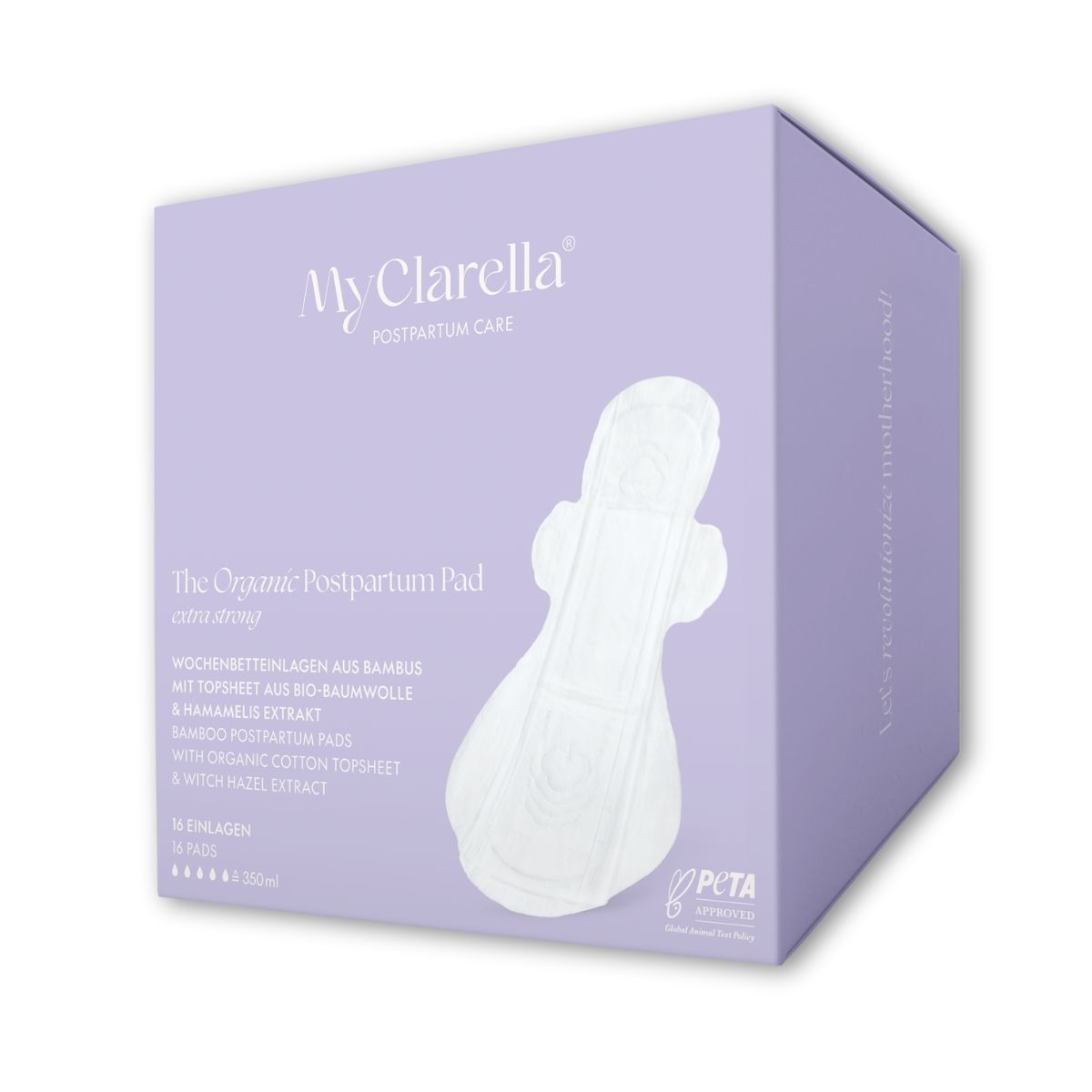 Emballage des serviettes post-partum MyClarella. Boîte lilas avec image du produit. Logo PETA.