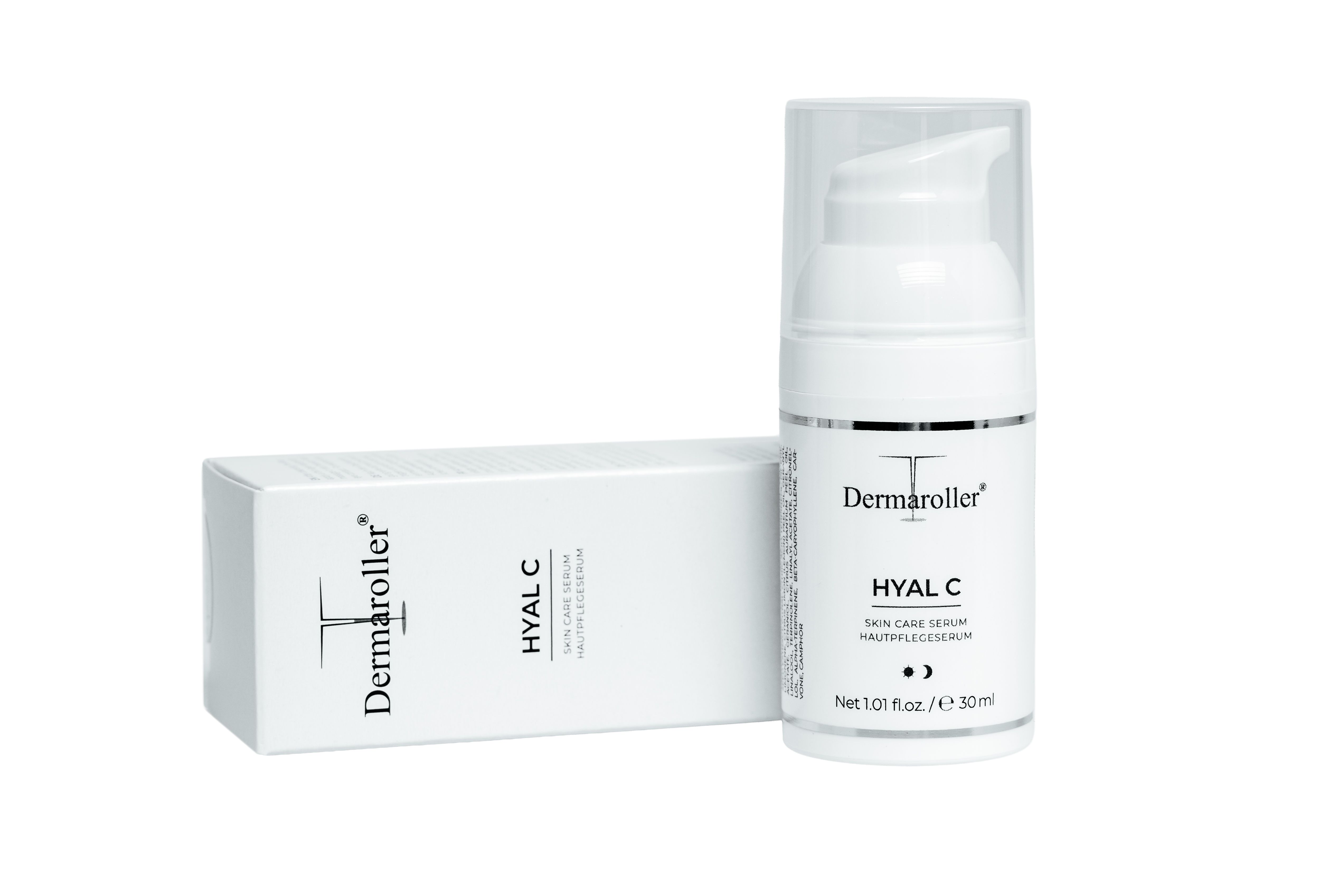Dermaroller Hyal C Serum fles naast een doosje.